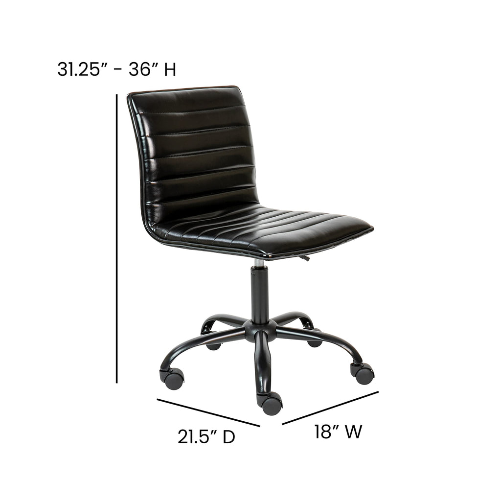 Flash Furniture Alan Office Task Chair - Black Vinyl - Black Frame - Armless - Ribbed Back and Seat - Low Back Design