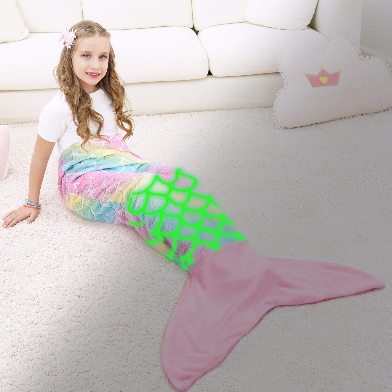 WERNNSAI Mermaid Tail Blanket - Glow in The Dark Mermaid Wearable Blanket for Girls 43.3 x15.7  Kids Winter Soft Flannel Scale
