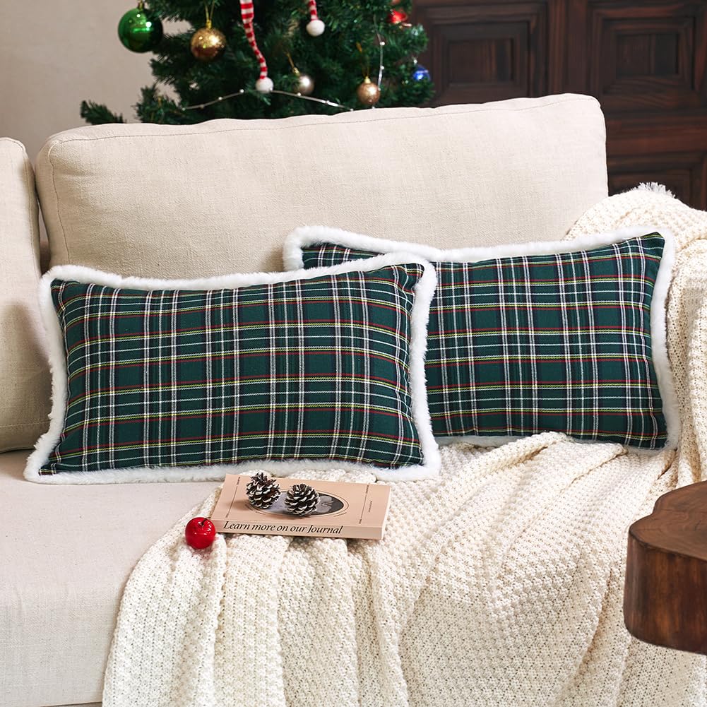 Jojogogo Green Tartan Plaid Christmas Lumbar Pillow Covers 12X20 Set Of 2 With Trim, 12 X 20 Green Christmas Outdoor Lumbar Pill