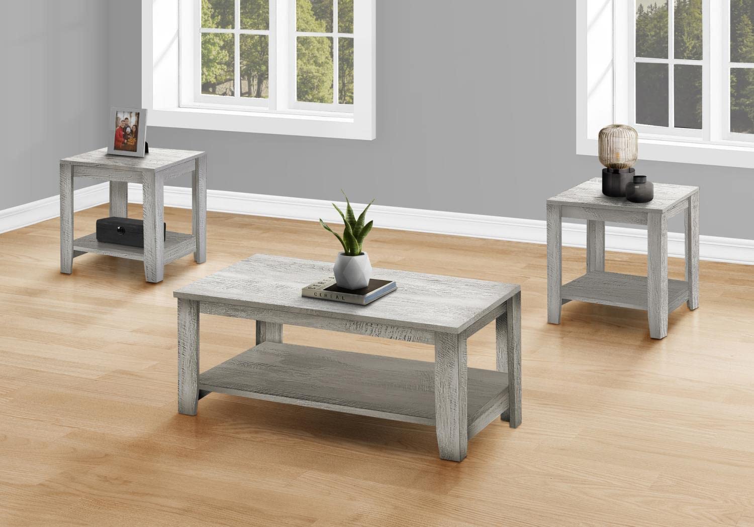 Monarch Specialties 7880P Table, 3pcs Set, Coffee, End, Side, Accent, Living Room, Laminate, Grey, Transitional Set-3Pcs Industrial, 42' L x 20.5' W x 17' H