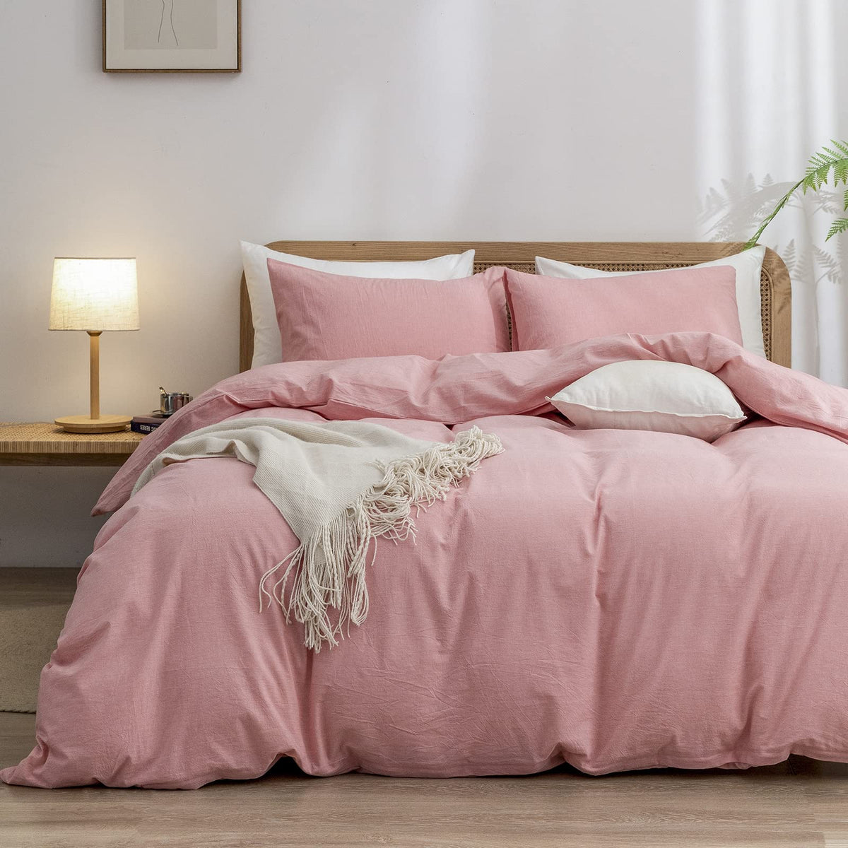 Bestouch Duvet Cover Set 100% Washed Cotton Linen Feel Super Soft Comfortable Chic Lightweight 3 Pcs Home Bedding Set Solid Red