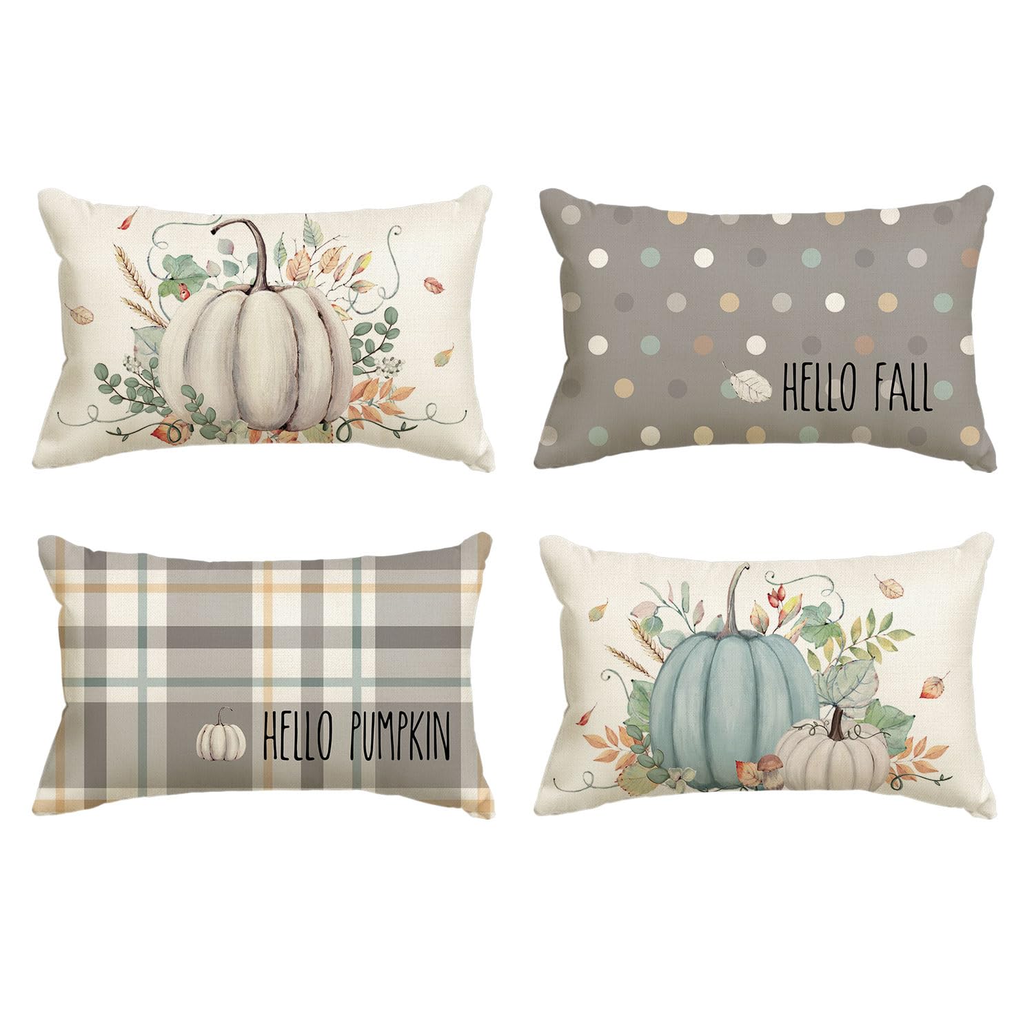 Avoin Colorlife Hello Fall Hello Pumpkin Throw Pillow Covers, 18 X 18 Inch Autumn Thanksgiving Harvest Eucalyptus Decorations Fo