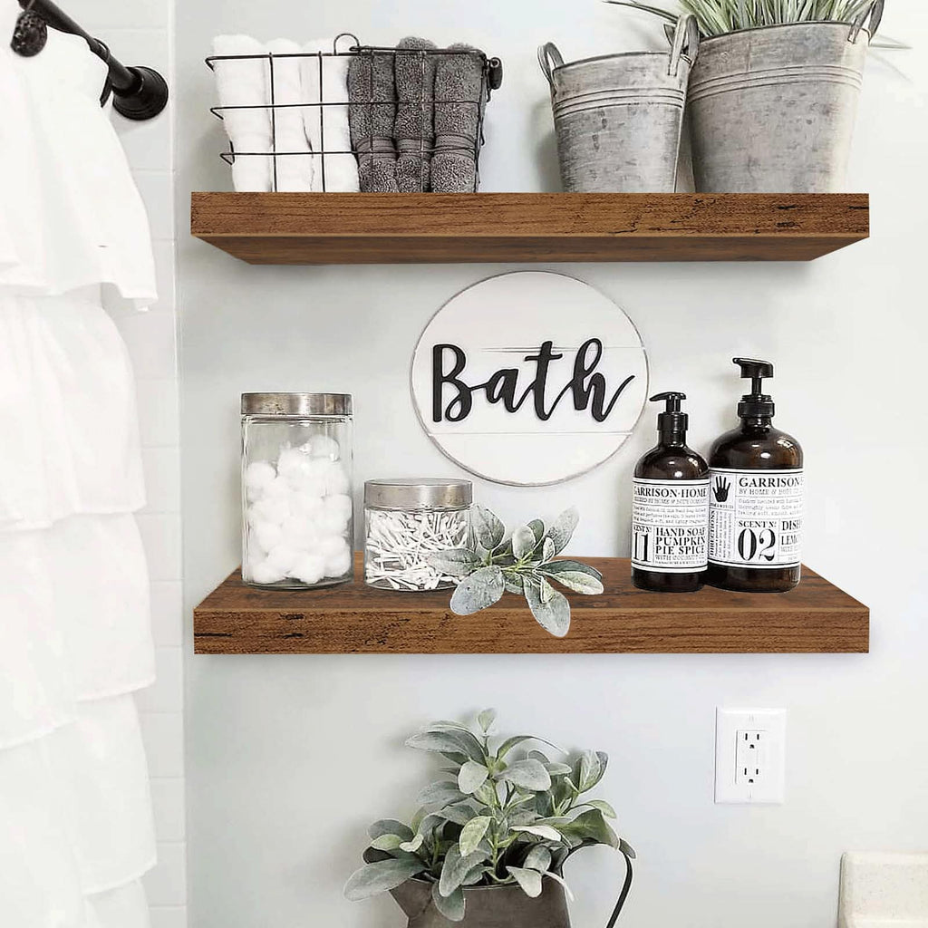 QEEIG Floating Shelves Rustic Brown Engineered Wood 24 x 9 inch Set of 2 Mounted Bathroom Shelves
