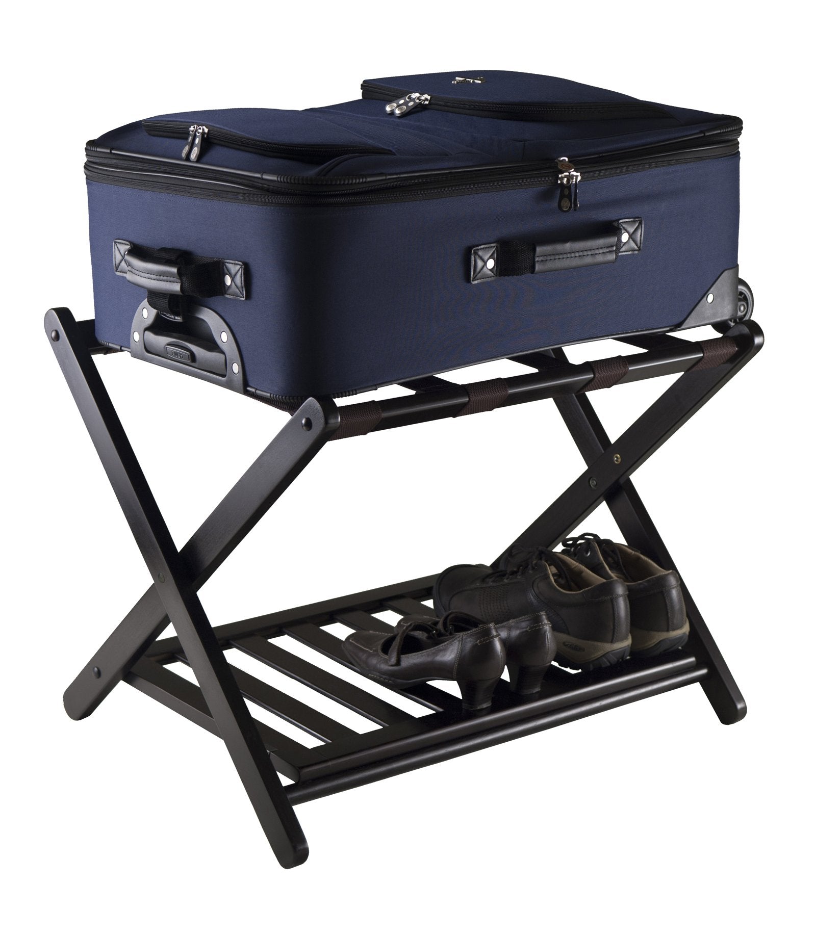 Winsome Reese Luggage Rack with Shelf, Solid Wood, for Guest Room, Bedroom, Hotel, Foldable, with Extra Storage Shelf, No Assembly, Espresso