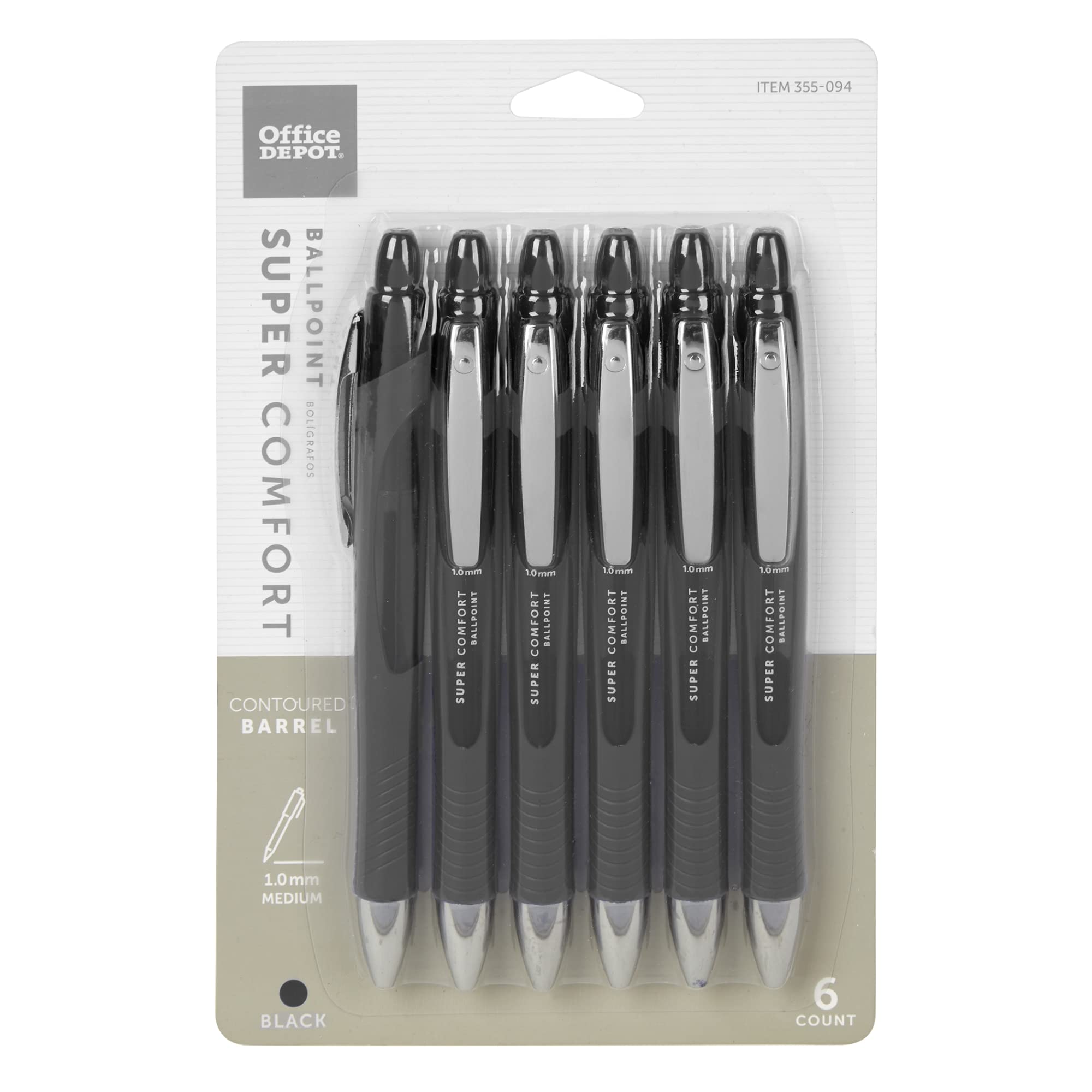 Office Depot Retractable Ballpoint Pens With Grip, Medium Point, 1.0 Mm, Black Barrel, Black Ink, Pack Of 6