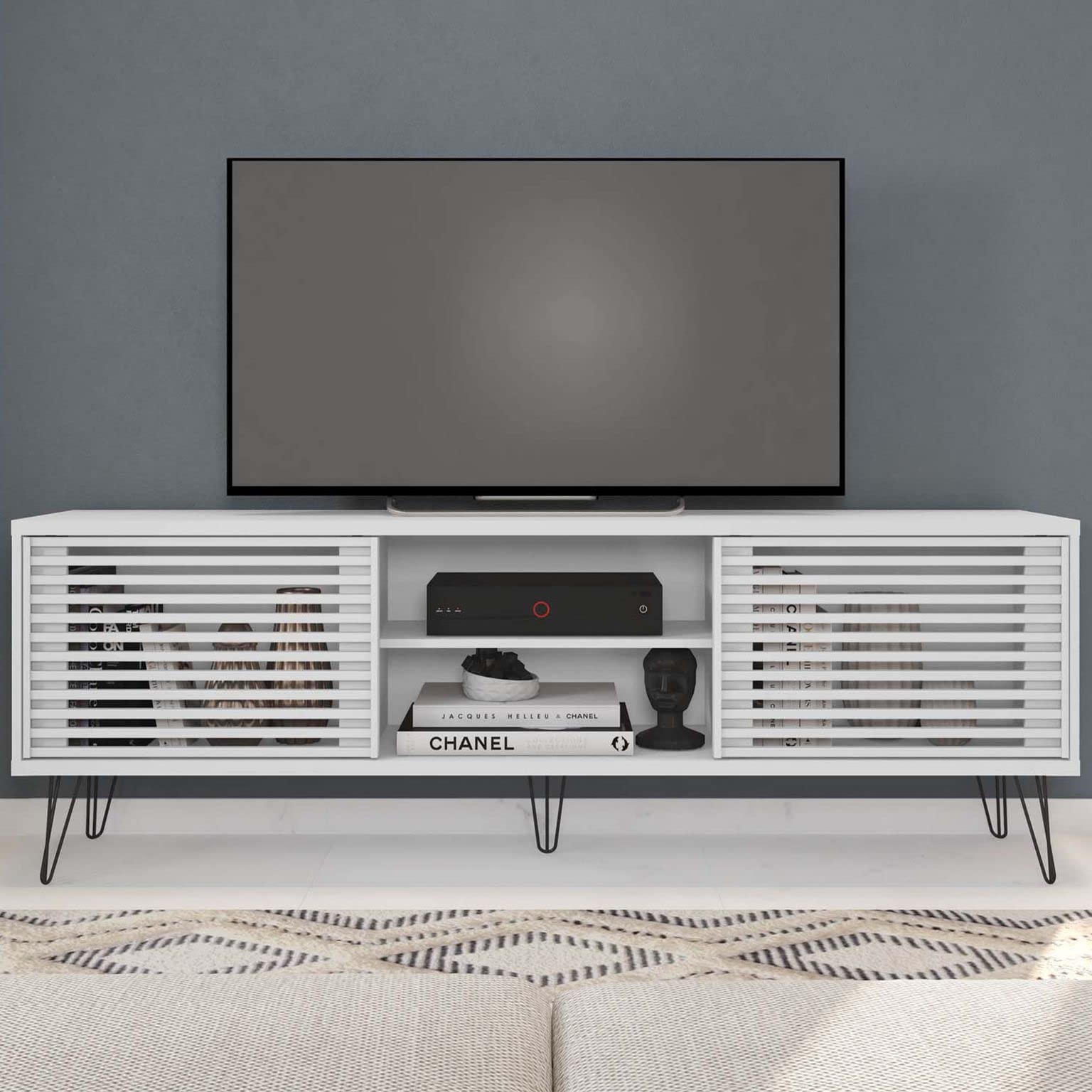Woodpeckers Furniture And Mattress Frizz Mid-Century Modern TV Stand for 70 Inch TV (White)