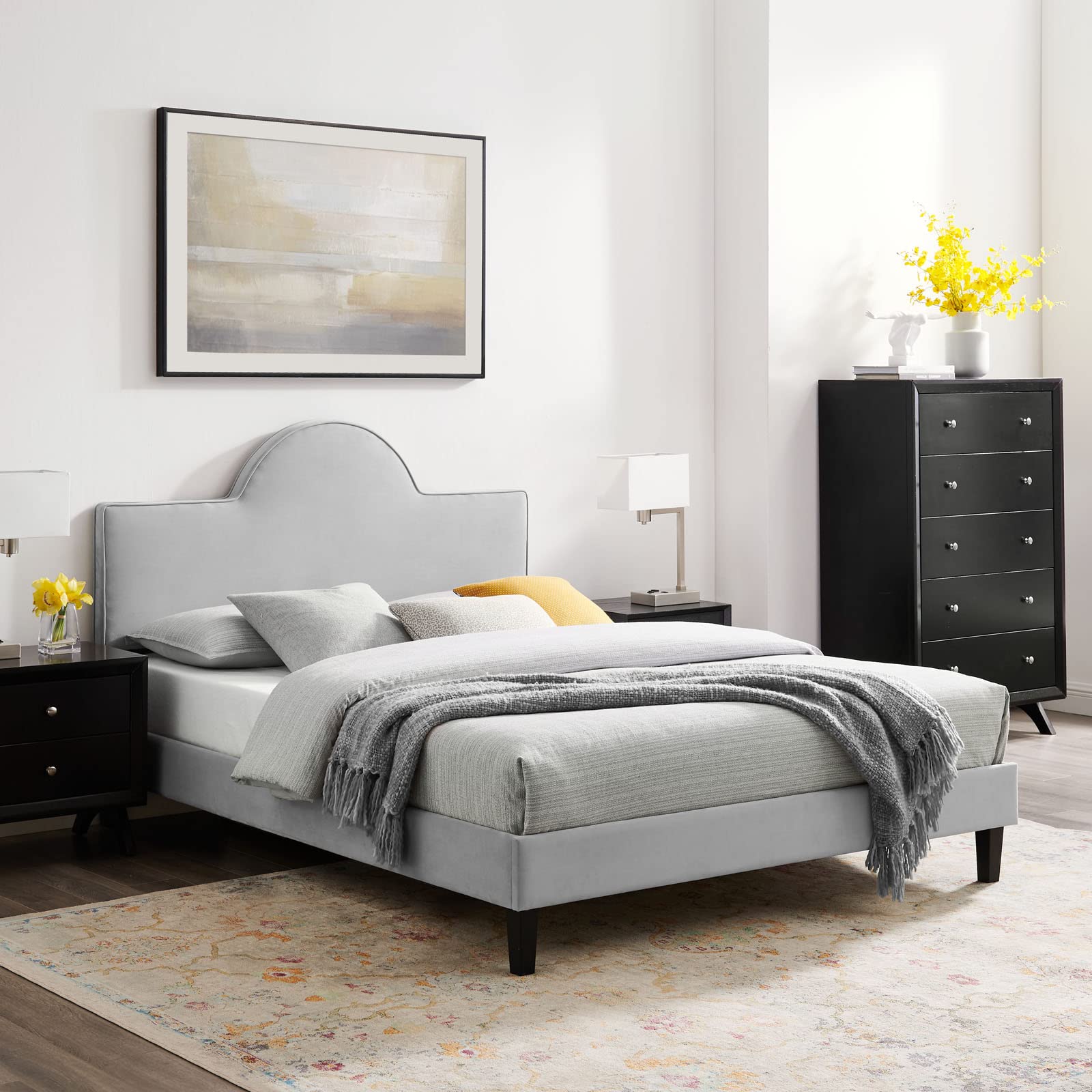 Modway Performance Velvet Queen Bed in Light Gray Platform