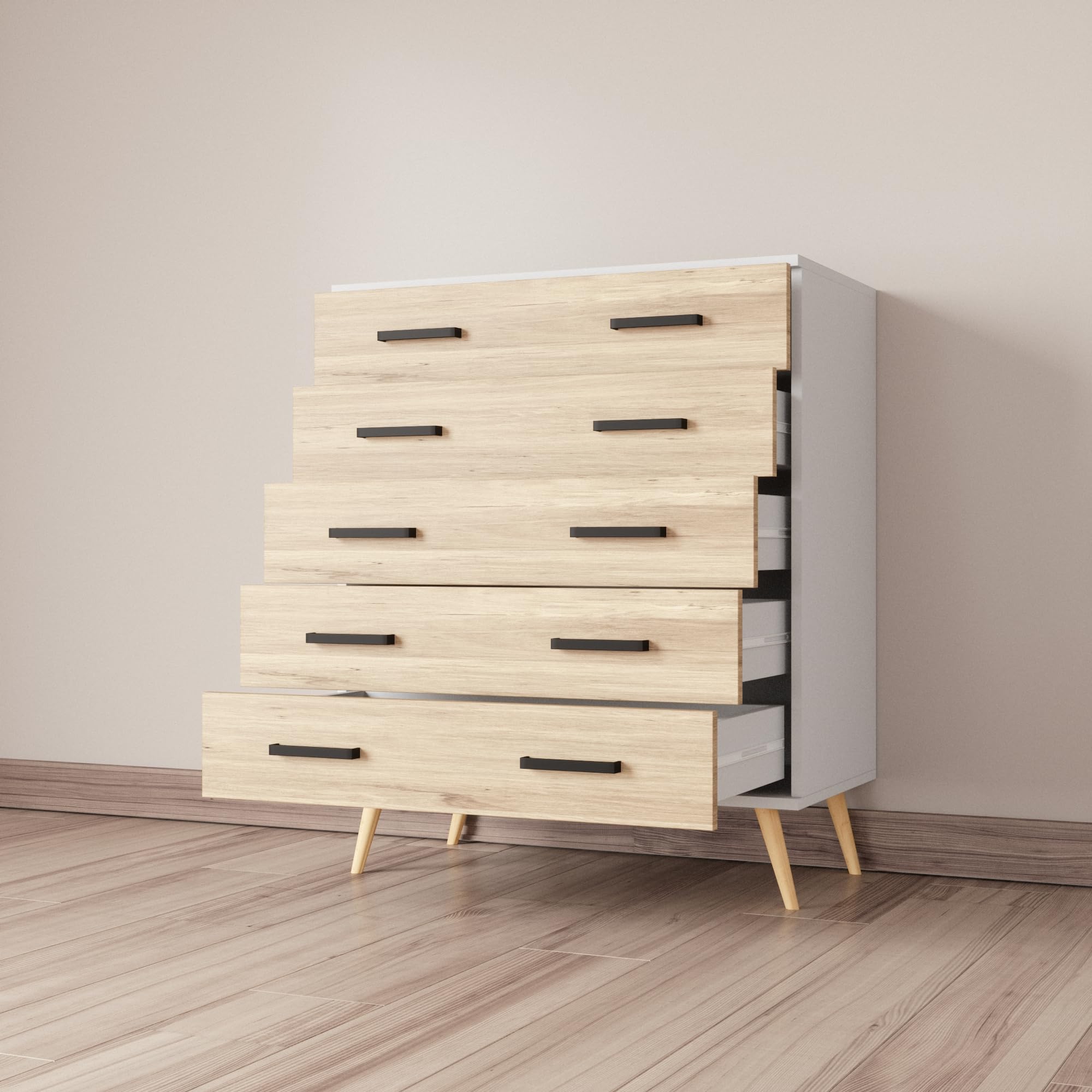 Woodpeckers Furniture And Mattress Eli Mid-Century Modern 5 Drawer Chest (Dark Gray & Natural Oak)