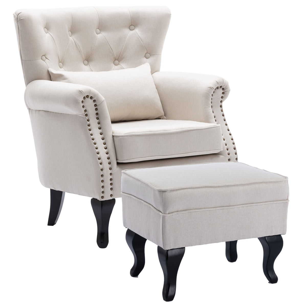 Dm Furniture Accent Chair With Ottoman Modern Button Tufted Armchair Wingback Club Chair Linen Fabric Single Sofa Lounge Chair W