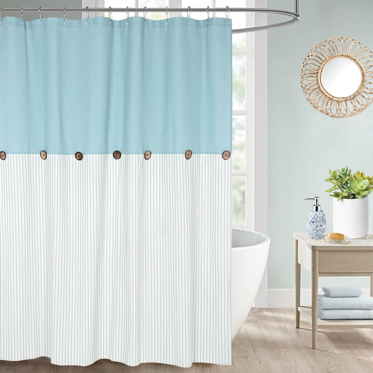 Dosly Id   Es Farmhouse Teal Shower Curtain For Bathroom,Beige And Blue Stripe,Button Curtain,Cotton Blend Woven Fabric,Rustic C