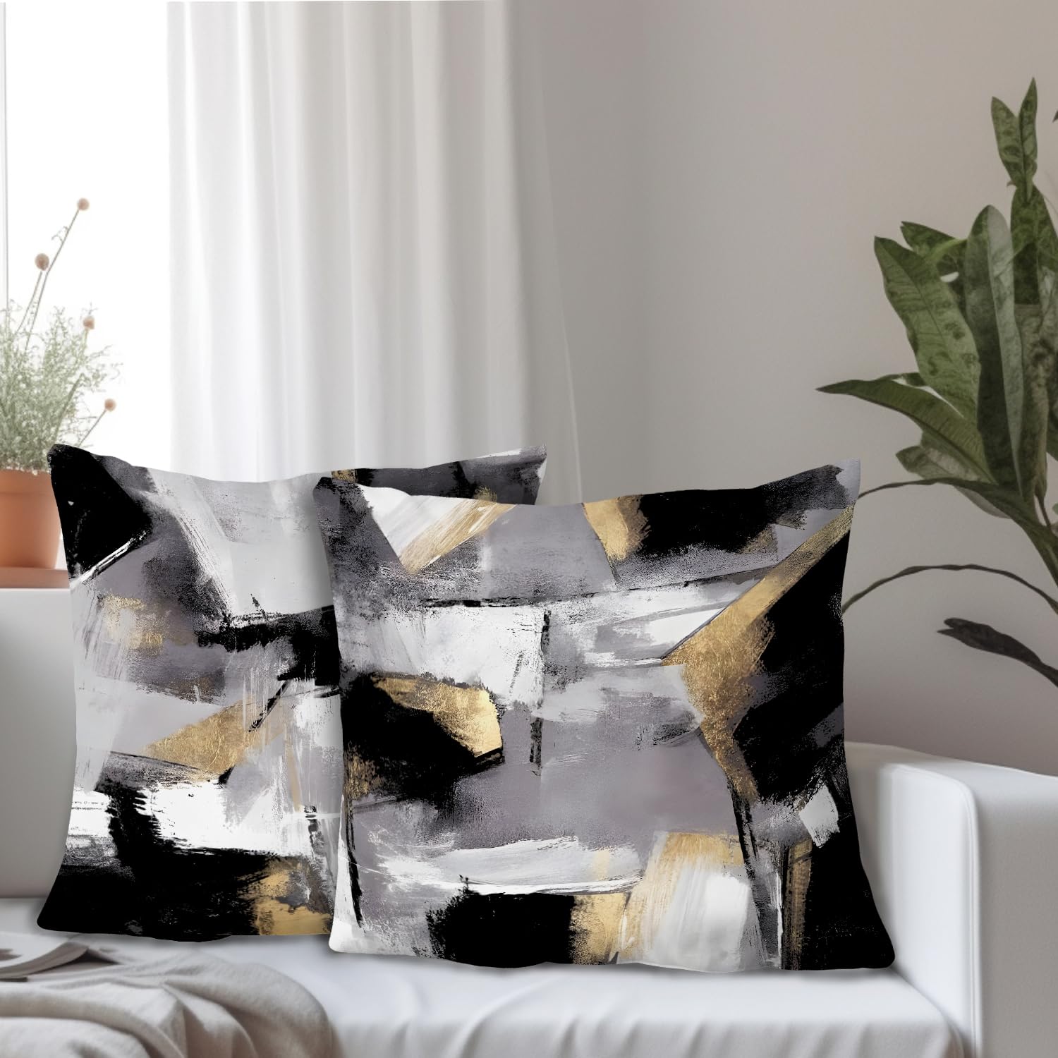 Supwhd Black And White Pillow Covers, Abstract White Black And Gold Pillow Covers 18X18 Set Of 2, Modern Black And White Pillow
