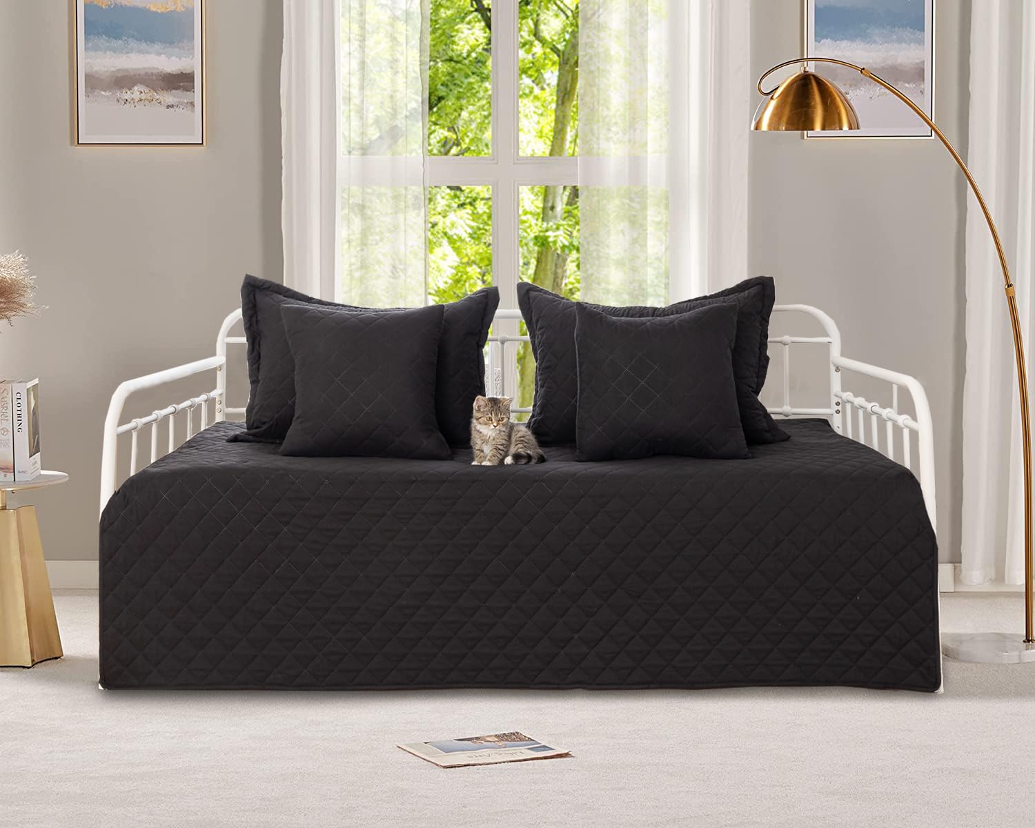 5-Piece Daybed Cover Set Black,Twin Cozy Daybed Bedding Sets For All Season Double Sided-Quilting Daybed Comforter Bedspread, Ge