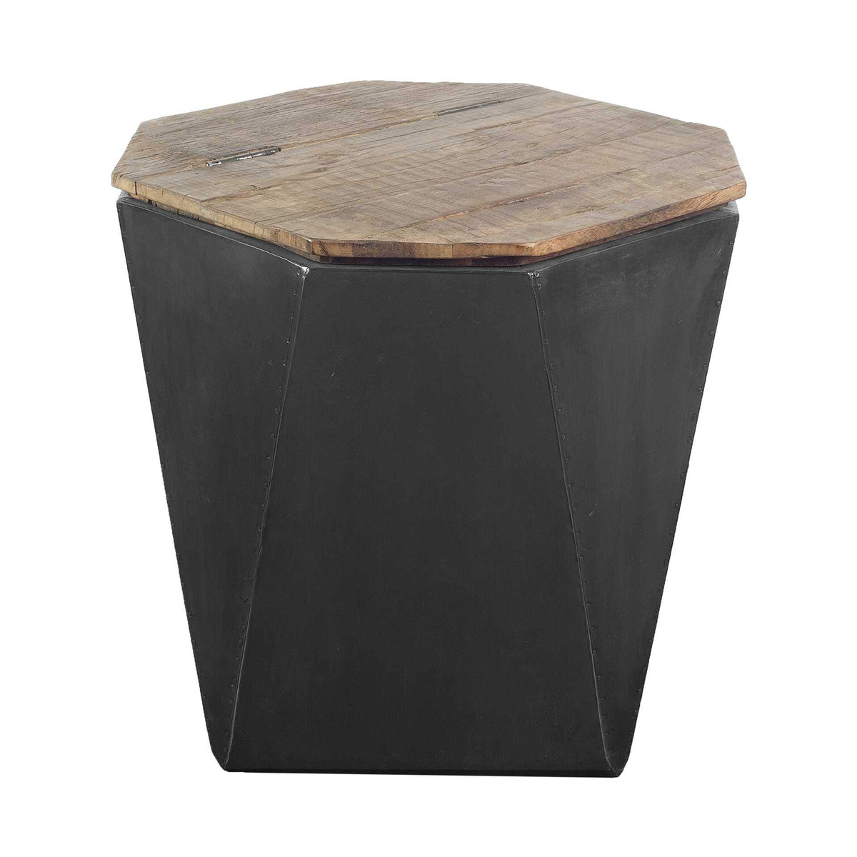 HomeRoots Black Metal and Natural Wood Hinged-Top Side Table