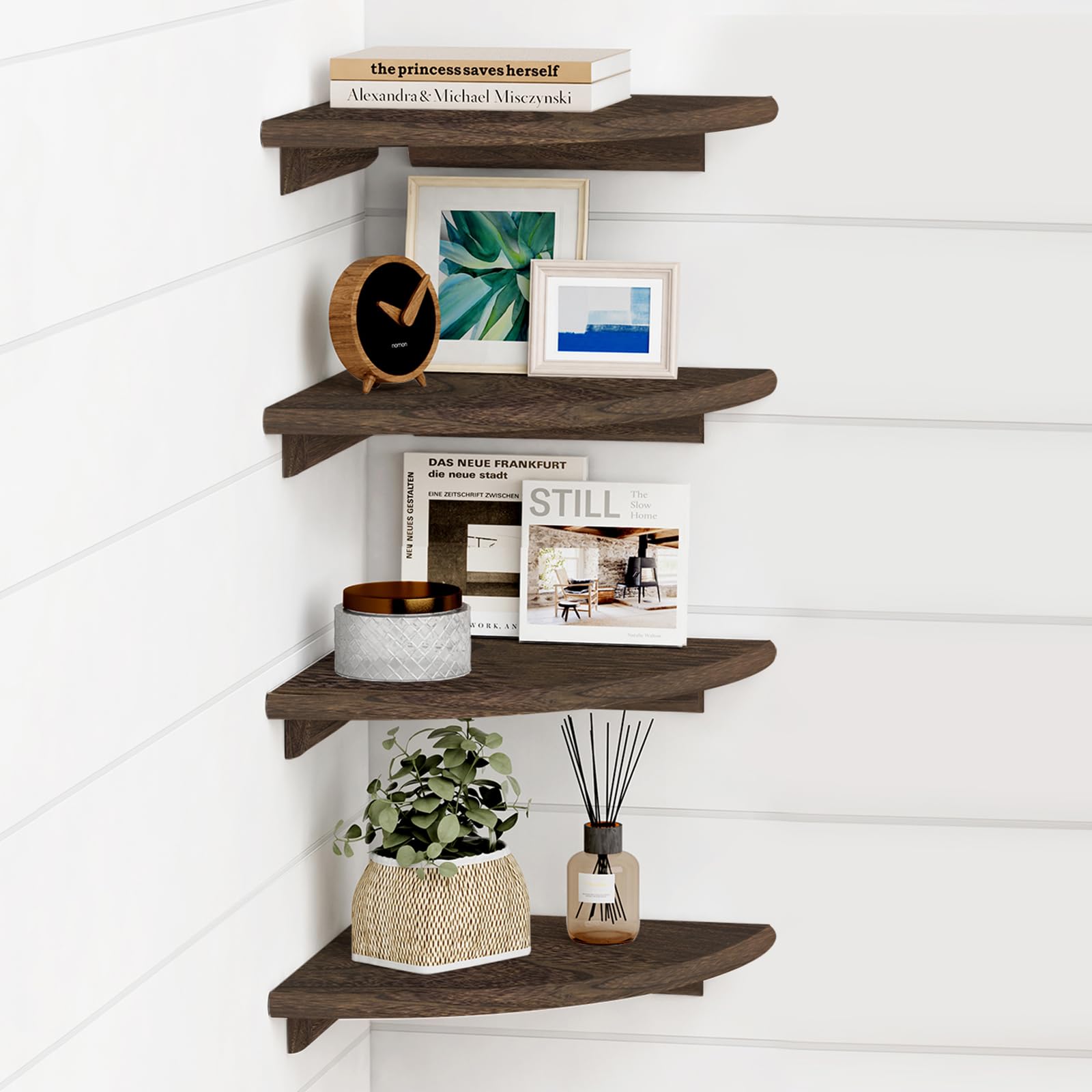 Forbena Floating Corner Shelves For Wall Set Of 4, Small Corner Bookshelf For Bedroom Books, Round Wooden Corner Shelf Wall Mount For Bathroom Plants, Kitchen, Living Room Decor (Dark Brown)