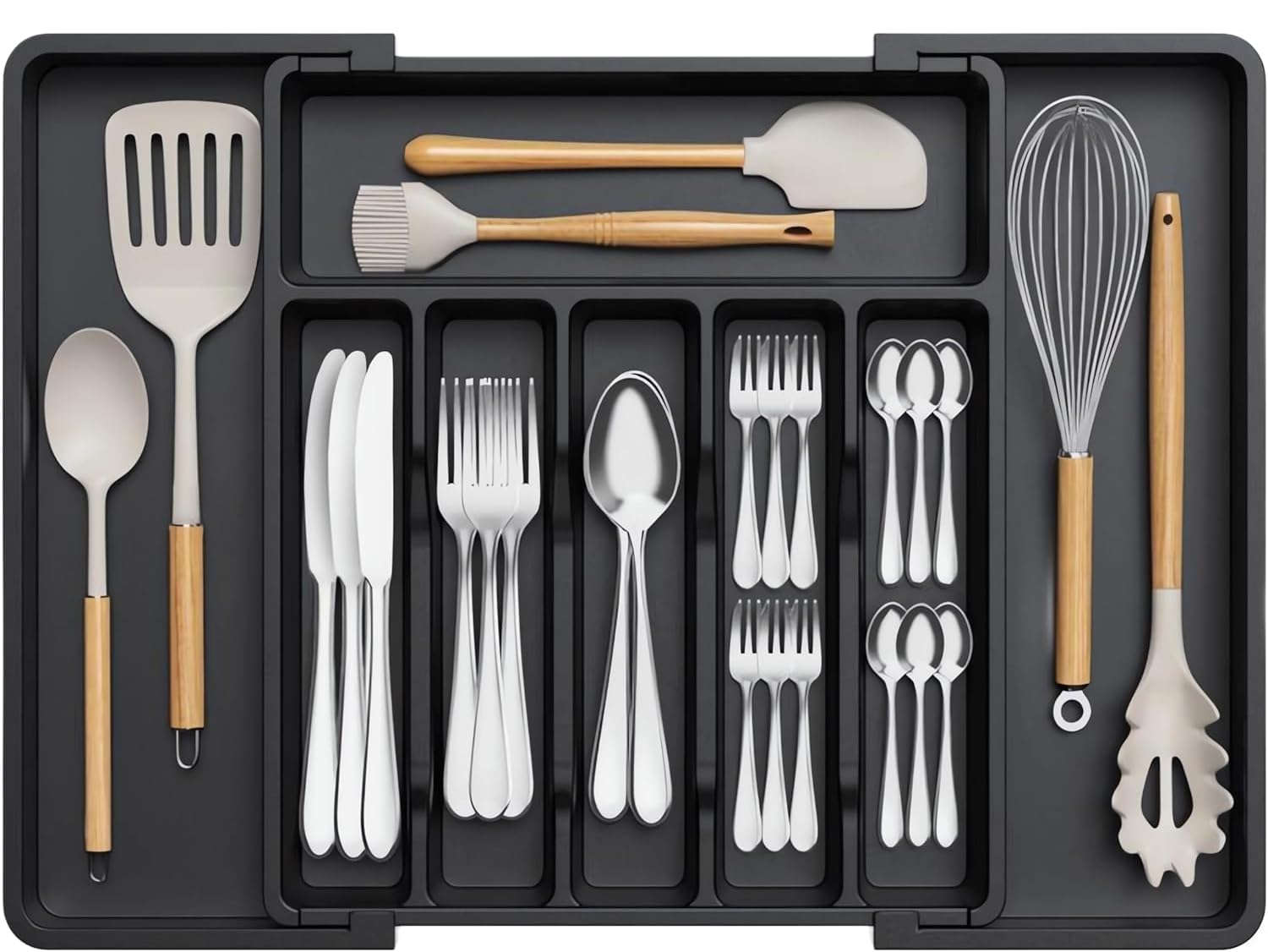 Drofail Cutlery Drawer Organiser Adjustable Utensil Tray For Drawers For The Kitchen, Anti Slip Design, Flexible SizeBlack