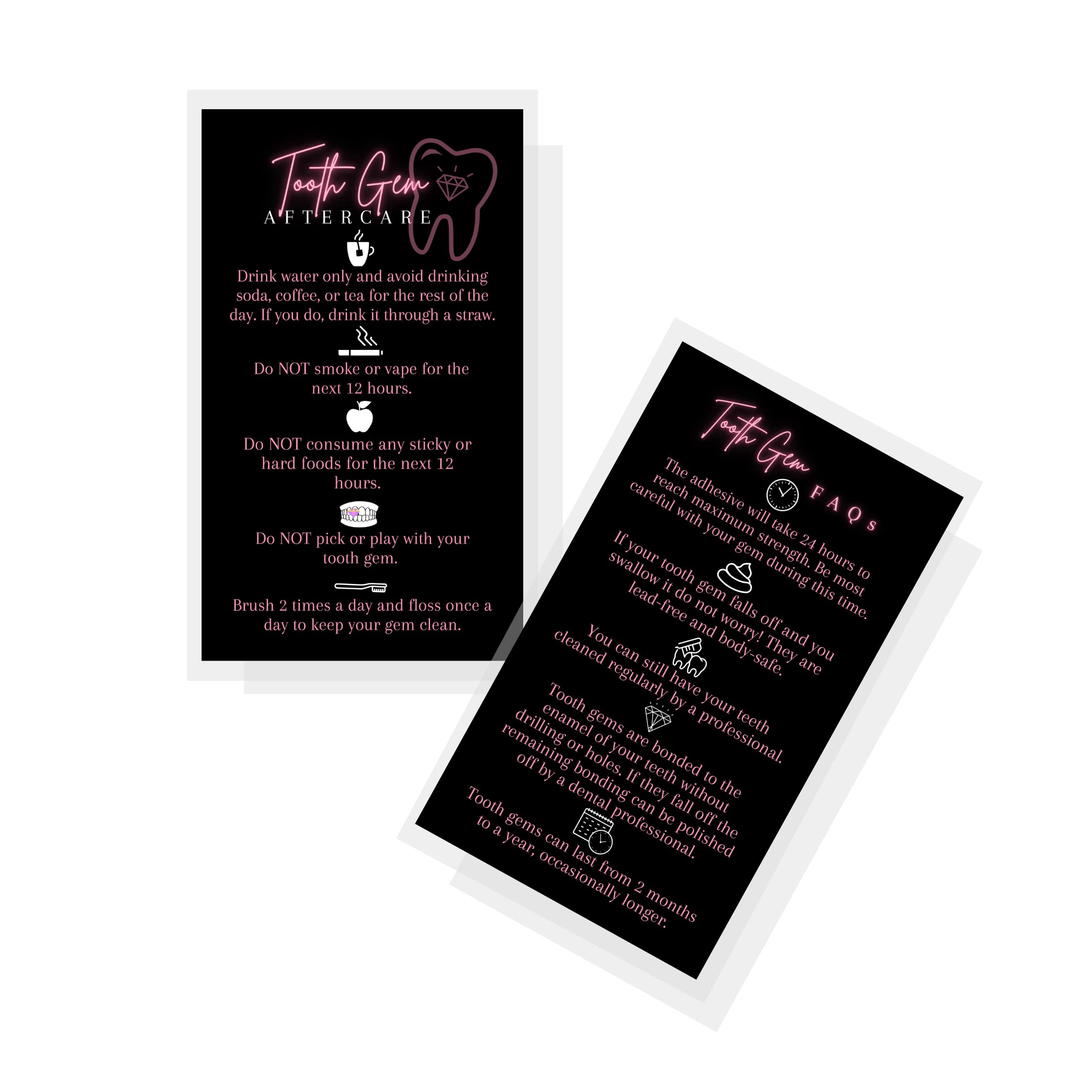 Tooth Gem Aftercare Cards | 50 Pack | Size 2X3.5' Inch Business Card | Tooth Gem Kit Supplies | Black With Neon Pink Design