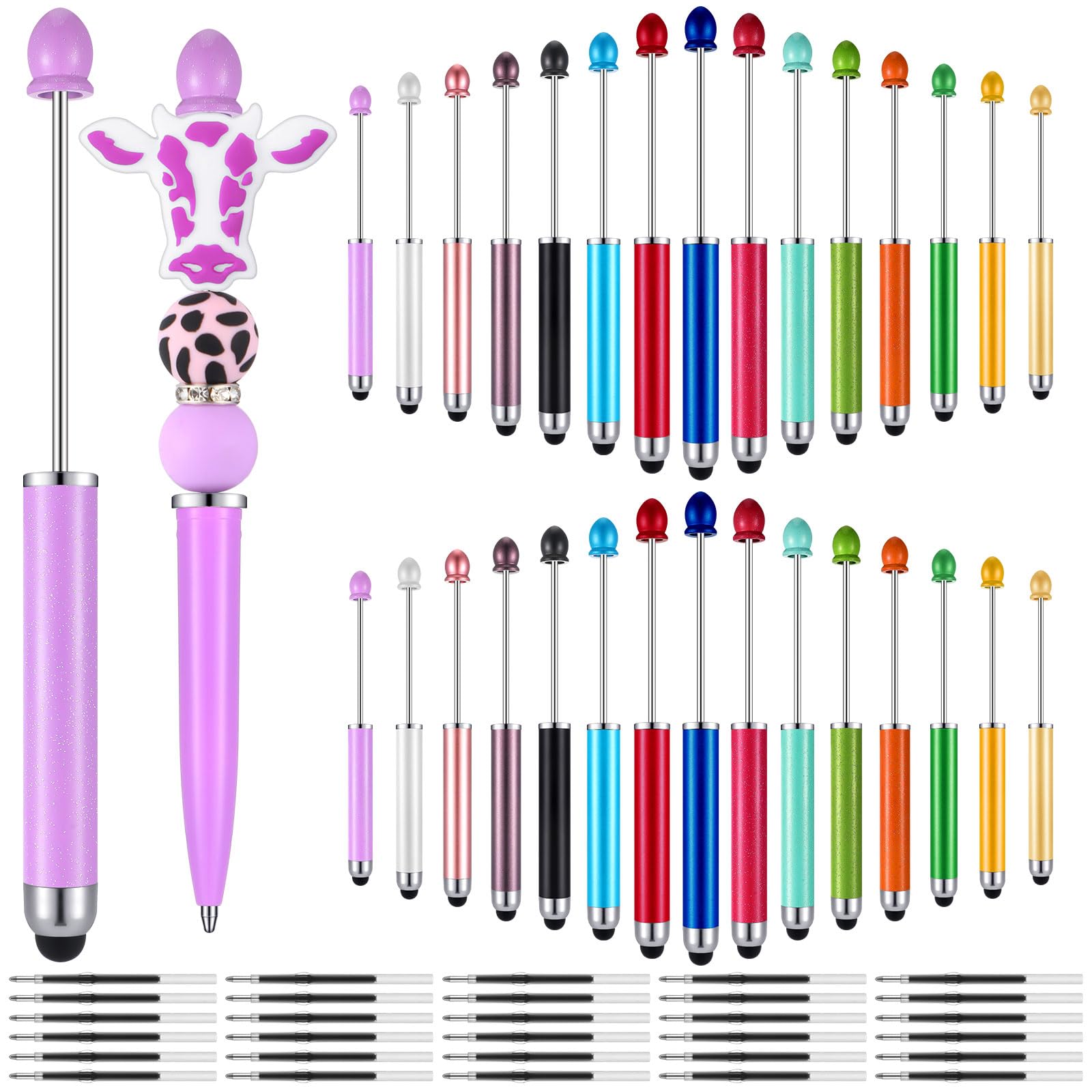 Resurhang 30 Pcs Plastic Beadable Pens 2 in 1 Stylus Bead Pens bulk with 30 Pcs Black Ink Refills for Rubber Touch Screen Handwr