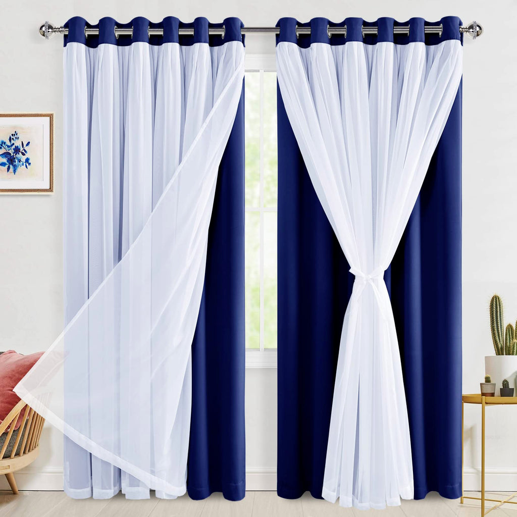 Hiasan Blackout Curtains with Sheer Overlay 84 Inches Long, Thermal Insulated Double Layer Window Curtains for Bedroom, Living R