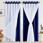 Hiasan Blackout Curtains with Sheer Overlay 84 Inches Long, Thermal Insulated Double Layer Window Curtains for Bedroom, Living R