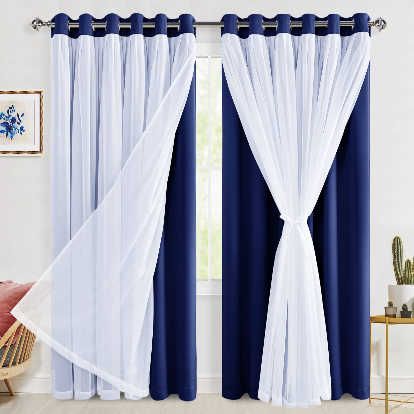 Hiasan Blackout Curtains with Sheer Overlay 84 Inches Long, Thermal Insulated Double Layer Window Curtains for Bedroom, Living R