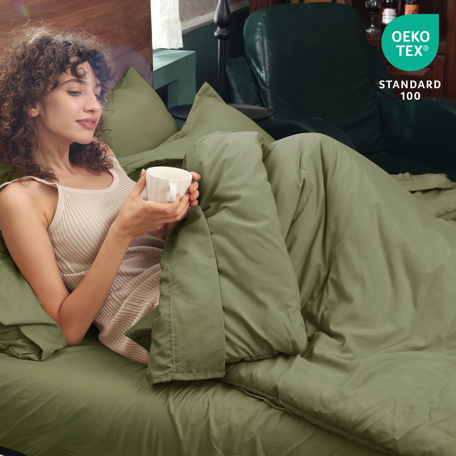 Phf 7 Pieces King Comforter Set, Bed In A Bag Comforter & 18' Sheet Set All Season, Ultra Soft Comfy Bedding Sets With Comforter, Sheets, Pillowcases & Shams, Olive Green