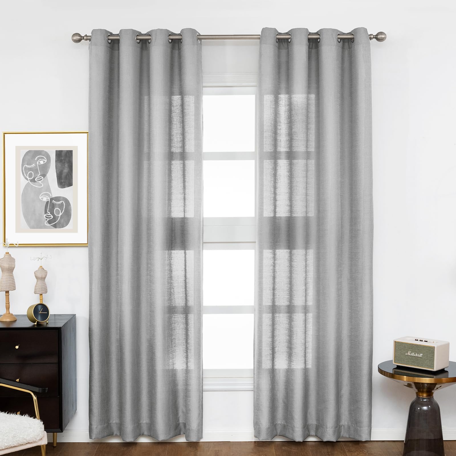 Melodieux Silver Gray Semi Sheer Curtains 84 Inches Long For Living Room, Bedroom Linen Look Window Privacy Grommet Light Filter