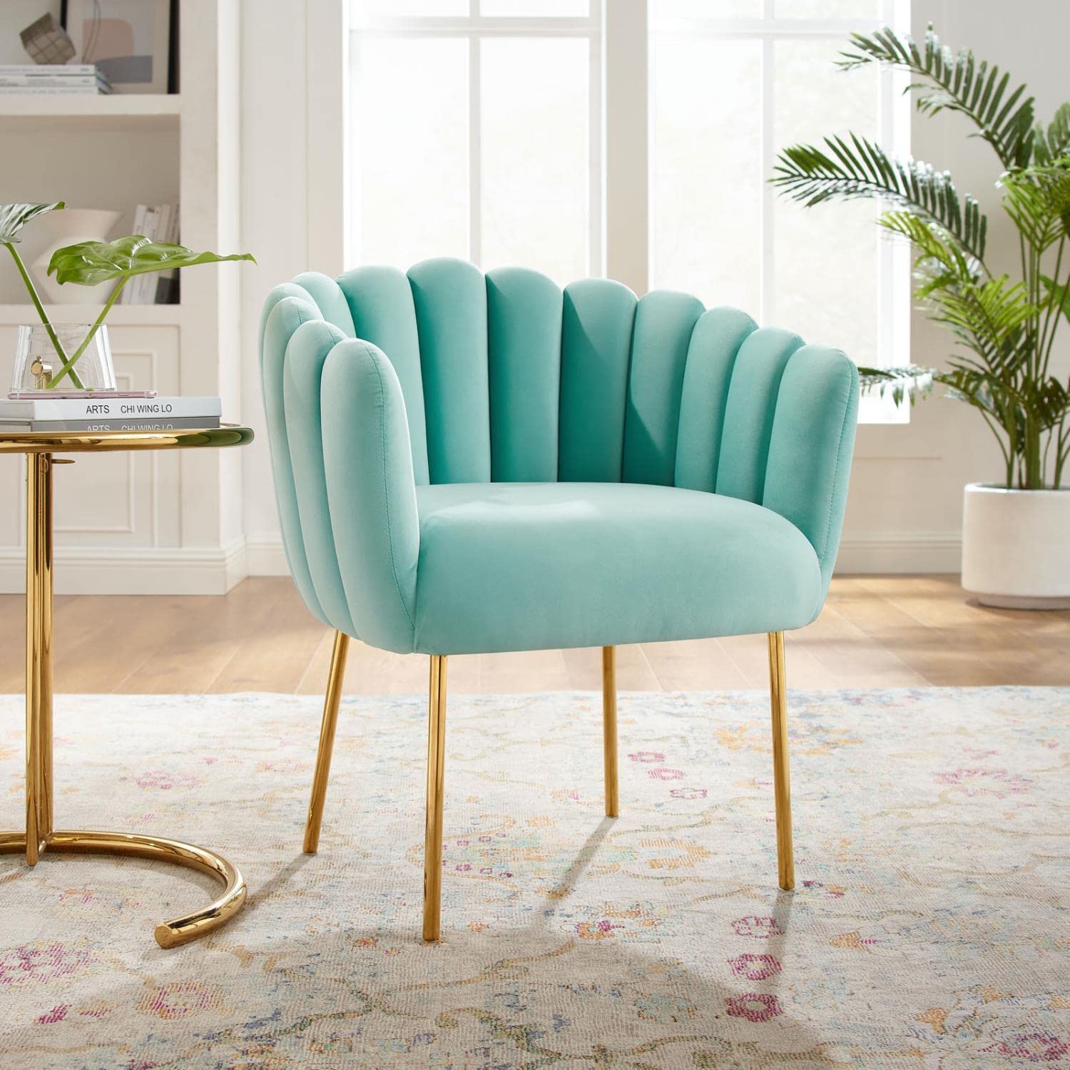 Modway Sanna Modern Channel Tufted Performance Velvet Armchair In Mint Blue/Gold