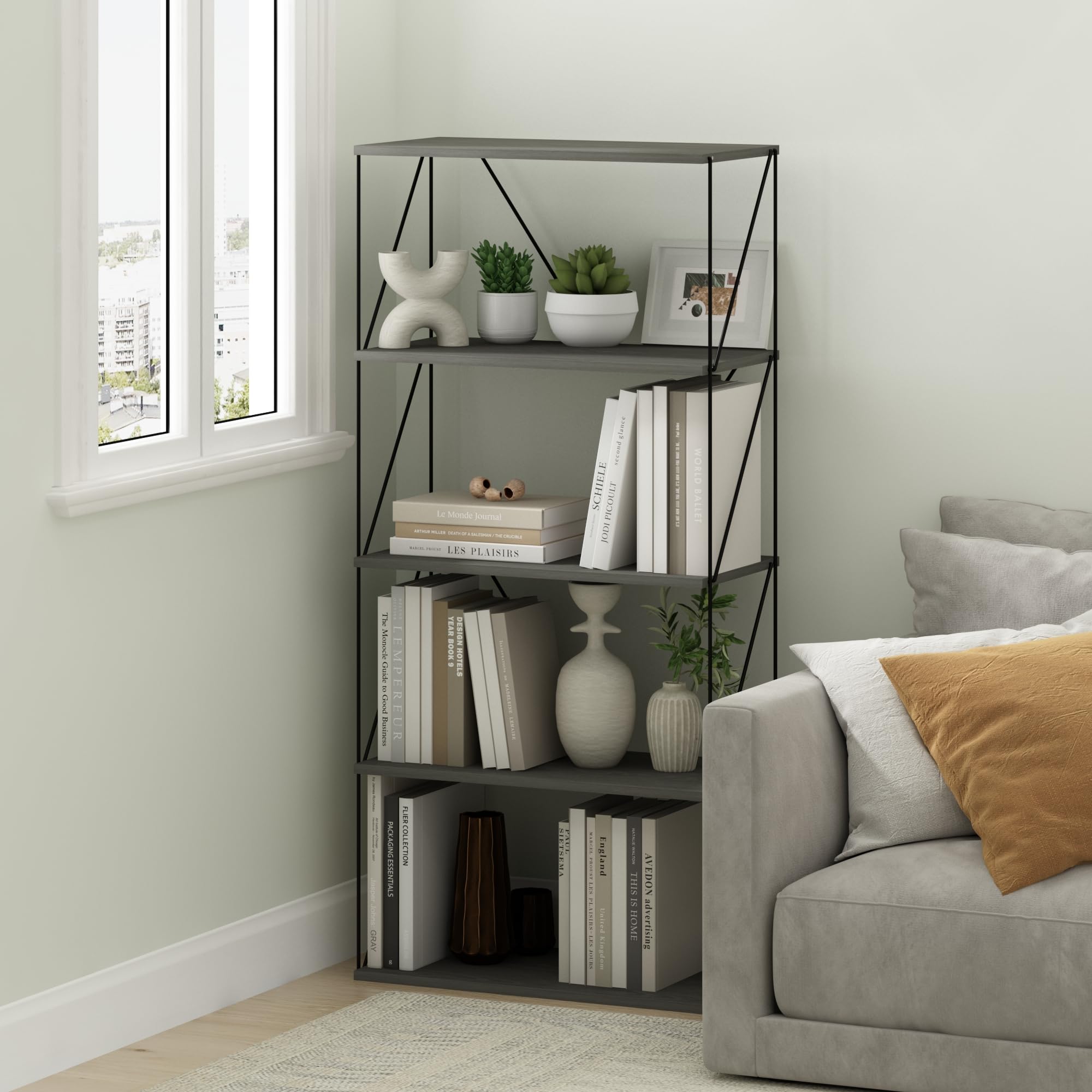 Furinno Rata 5-Tier Industrial Multipurpose Flat Base Shelf Display Rack with Metal Frame, Wide, French Oak Grey