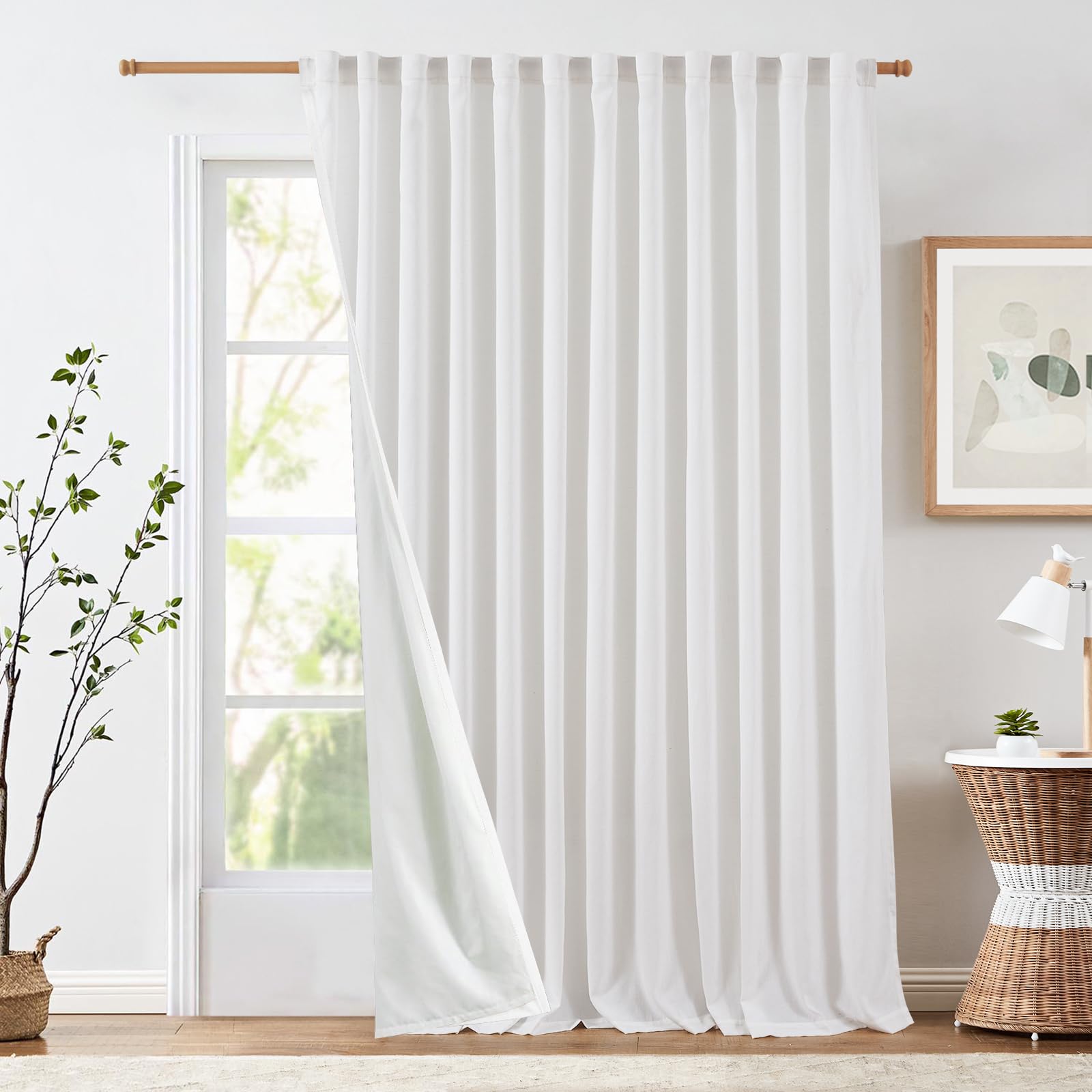 Jinchan Linen Blend White Curtains 100Wx90L Inches For Living Room Extra Wide Farmhouse Rod Pocket Back Tab Light Filtering Window Drapes With Lined For Bedroom White 1 Panel