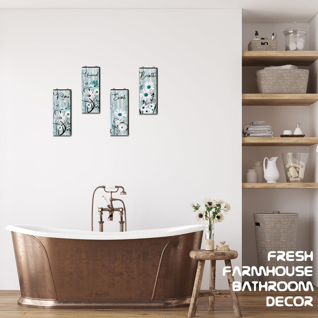 4 Pieces Teal Daisy Floral Bathroom Wood Wall Decor Teal Relax Soak Unwind Breathe Flower Wall Rustic Farm Sign Turquoise Blue D