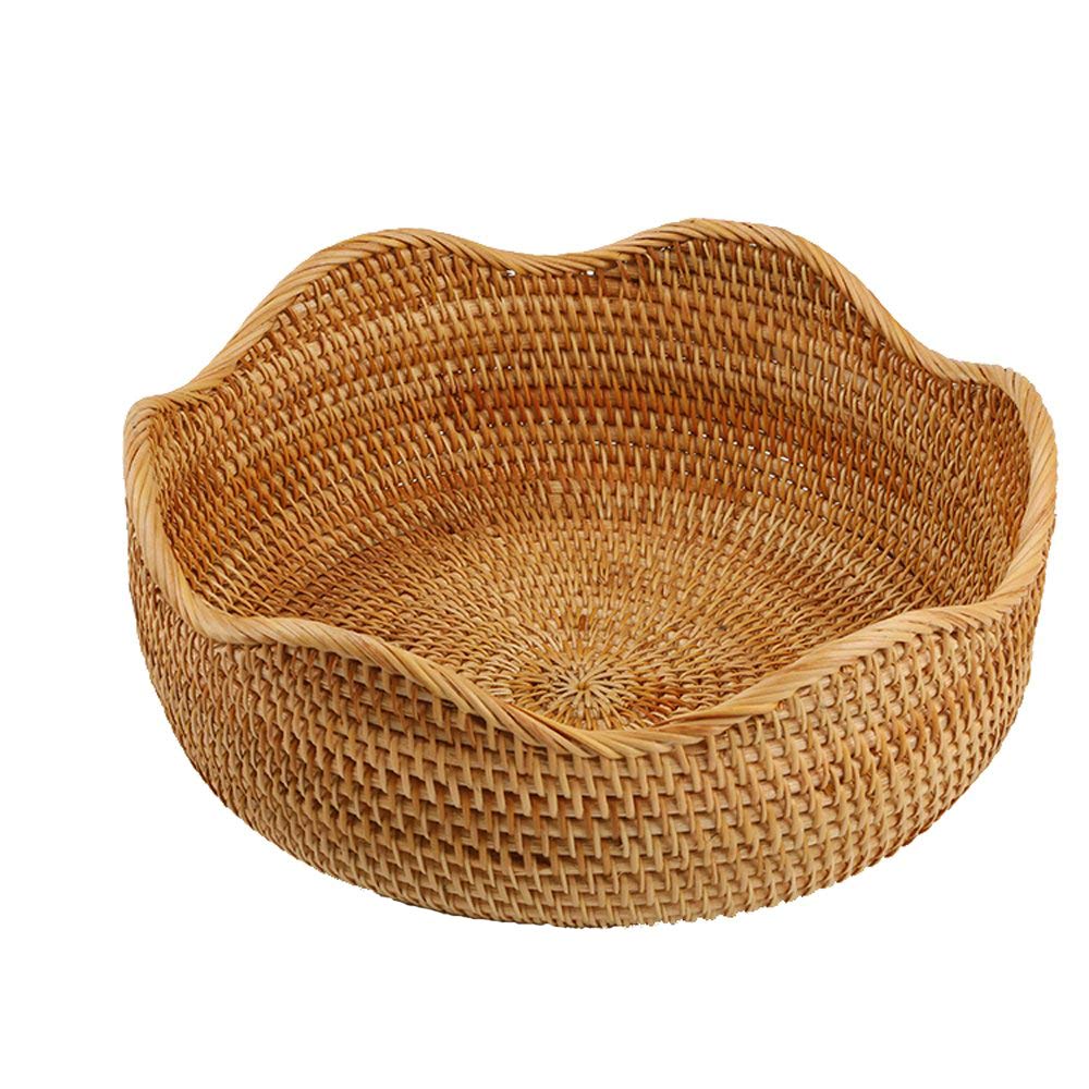 AMOLOLO Handmade Rattan Round Fruit Basket Food Storage Bowls Kitchen Organizer Snack Serving Bowl, 11 Inch Boho Wicker Bread Bo