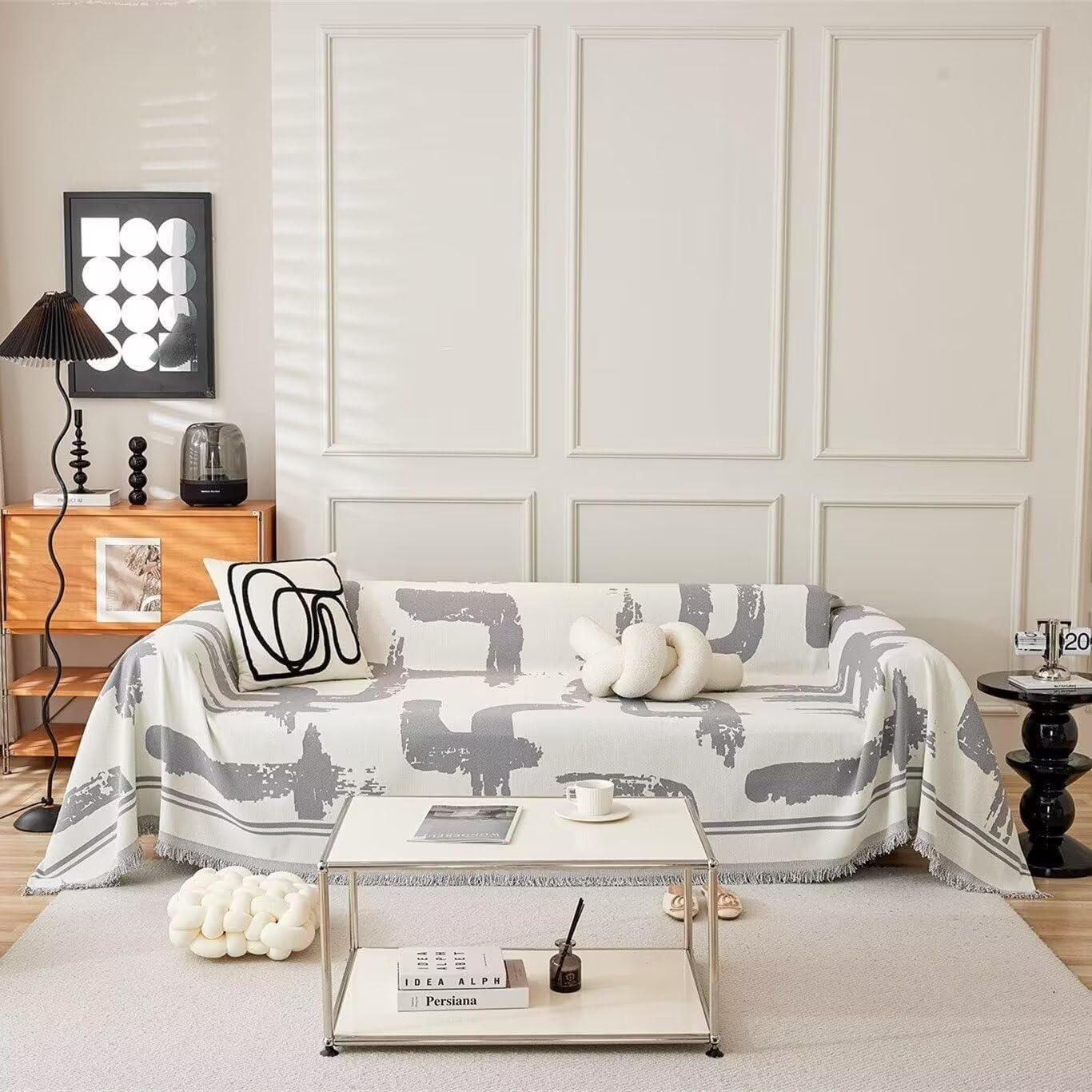 VClife Simple White Grey Stripe Jacquard Couch Cover for 3 Cushion Couch Sofa Non Slip Cooling Chenille Sectional Sofa Cover Ski