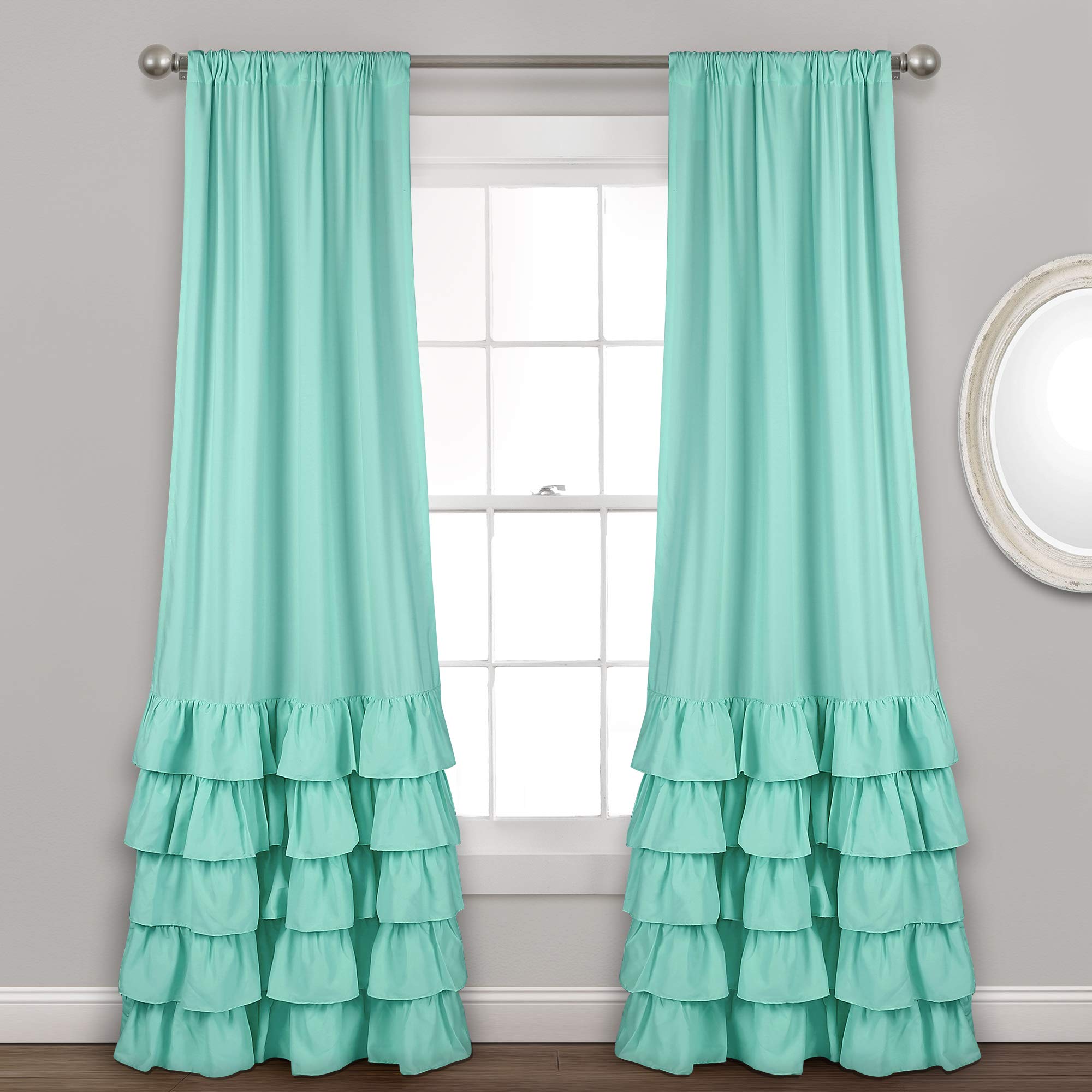 Lush Decor Allison Ruffle Curtains Window Panel Drapes Set for Living, Dining Room, Bedroom (Pair), 84 x 40, Aqua