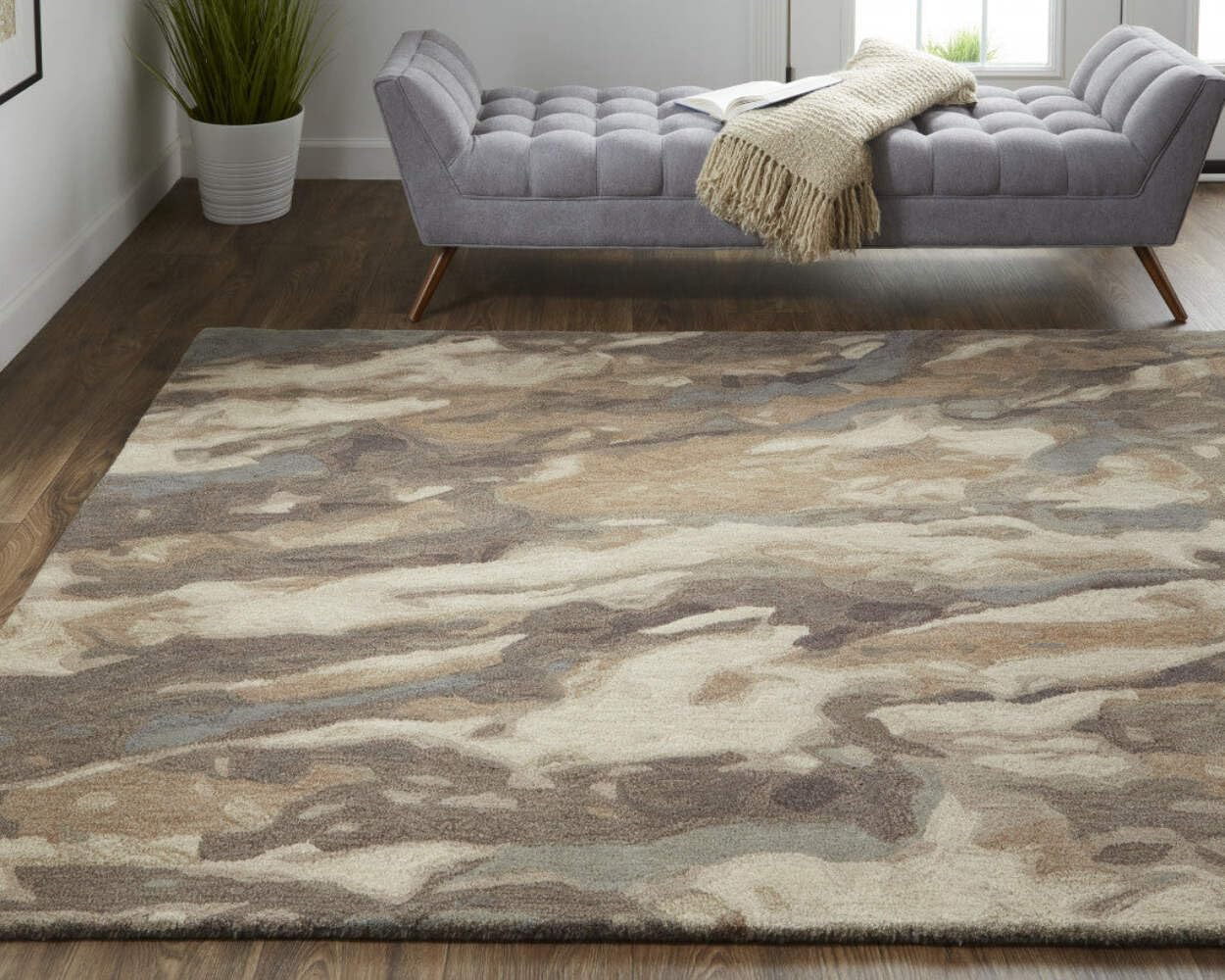 HomeRoots 512733 9 x 12 ft. Brown Gray & Tan Wool Abstract Hand Tufted Handmade Stain Resistant Rectangle Area Rug