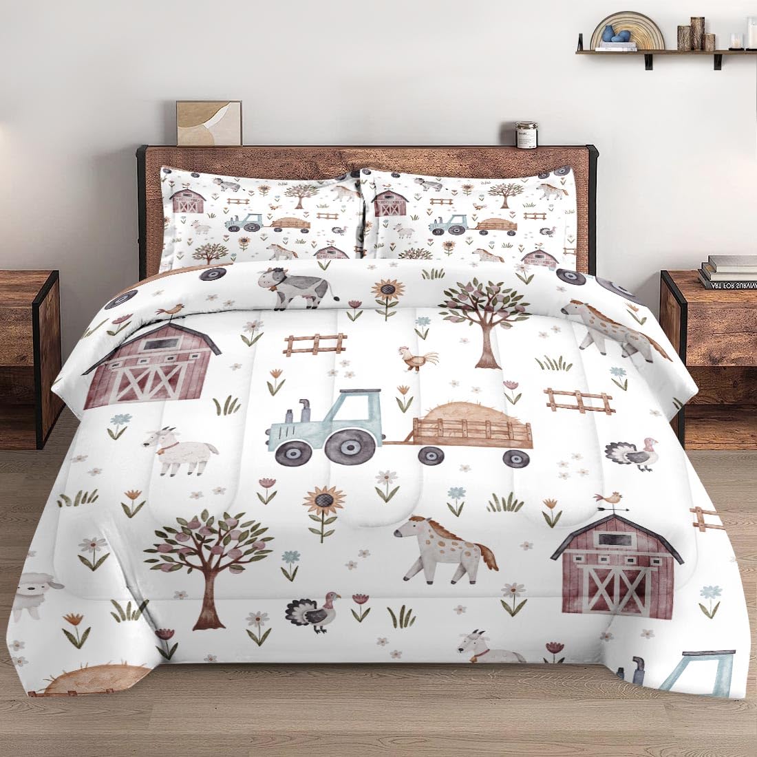 Wecozy Twin Size Comforter Set With Pillowcase, Farm Animal Tractor House Tree Soft 2 Pcs Bedding Set For Kids And Adults Bedroo