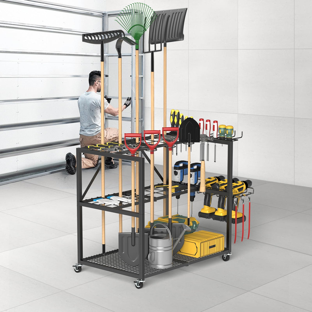 Keeswin Garden Tool Organizer With Wheels, Garage Tool Organizer, Up To 50 Long-Handled Tools, 4 Drills Holder With 10 Hooks, 10