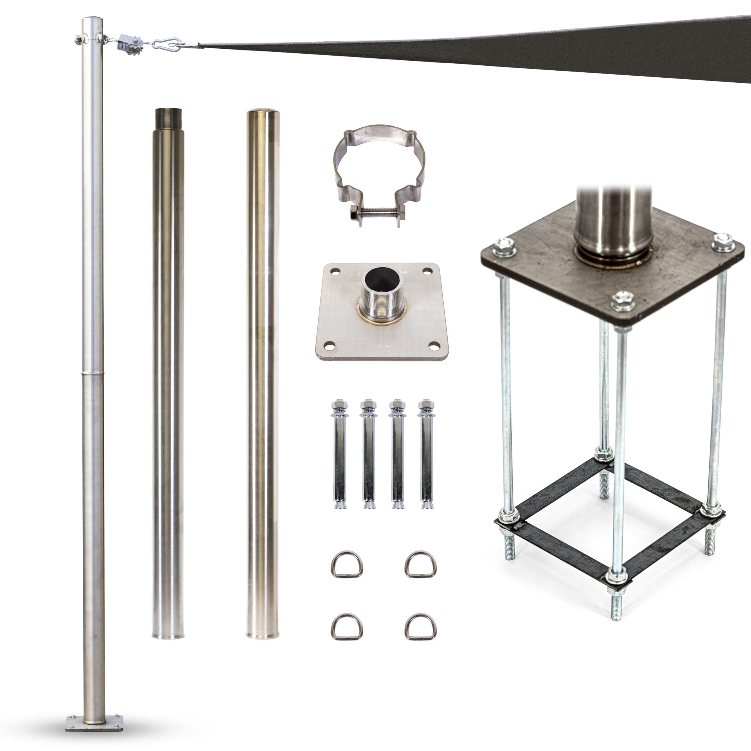 Amgo 8Ft Stainless Steel Pole, Heavy Duty With Base Plate & Height Adjustable Mounting Clamp R - Easy Installation Shade Sail Ca