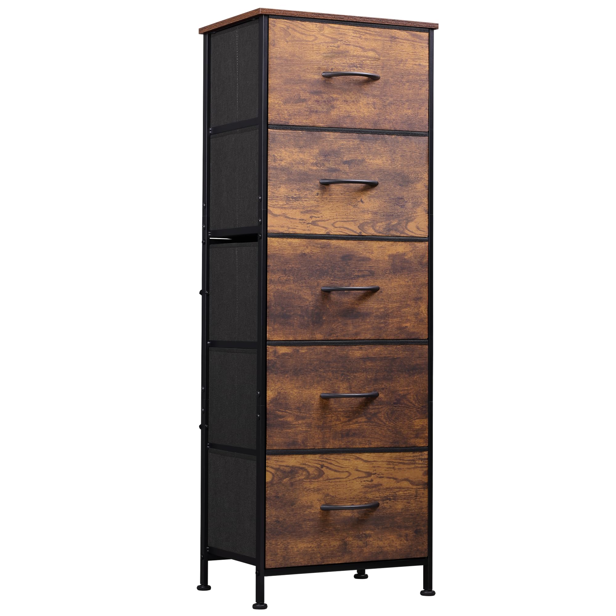 Wlive Fabric Dresser, 5-Drawer Tall Dresser For Bedroom, Storage Organizer With Fabric Bins, Wood Top, Sturdy Steel Frame, Chest Of Drawers For Closet, Hallway, Rustic Brown Wood Grain Print
