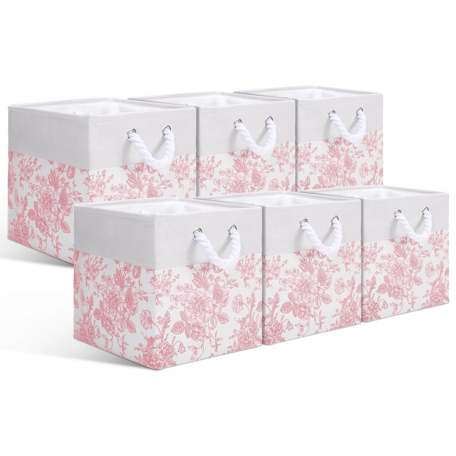 LemonRoad 6 Pcs Pink Floral Cube Storage Bins 11.22 Inch Square Storage Basket with Handle, Preppy Girls Organizer Basket, Colla