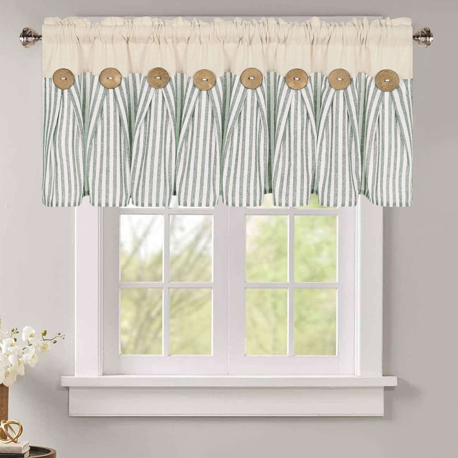 Cotton Linen Farmhouse Kitchen Valance Curtains Boho Rustic Button Valances Natural/Sage Green Stripe Color Block Window Valance