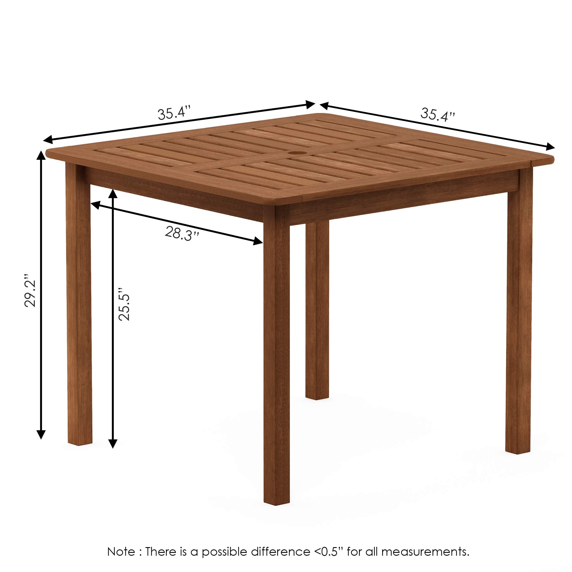 Furinno Fg18006 Tioman Hardwood Patio Furniture Square Table With Umbrella Hole, Natural, 35.4'D X 35.4'W X 29.2'H
