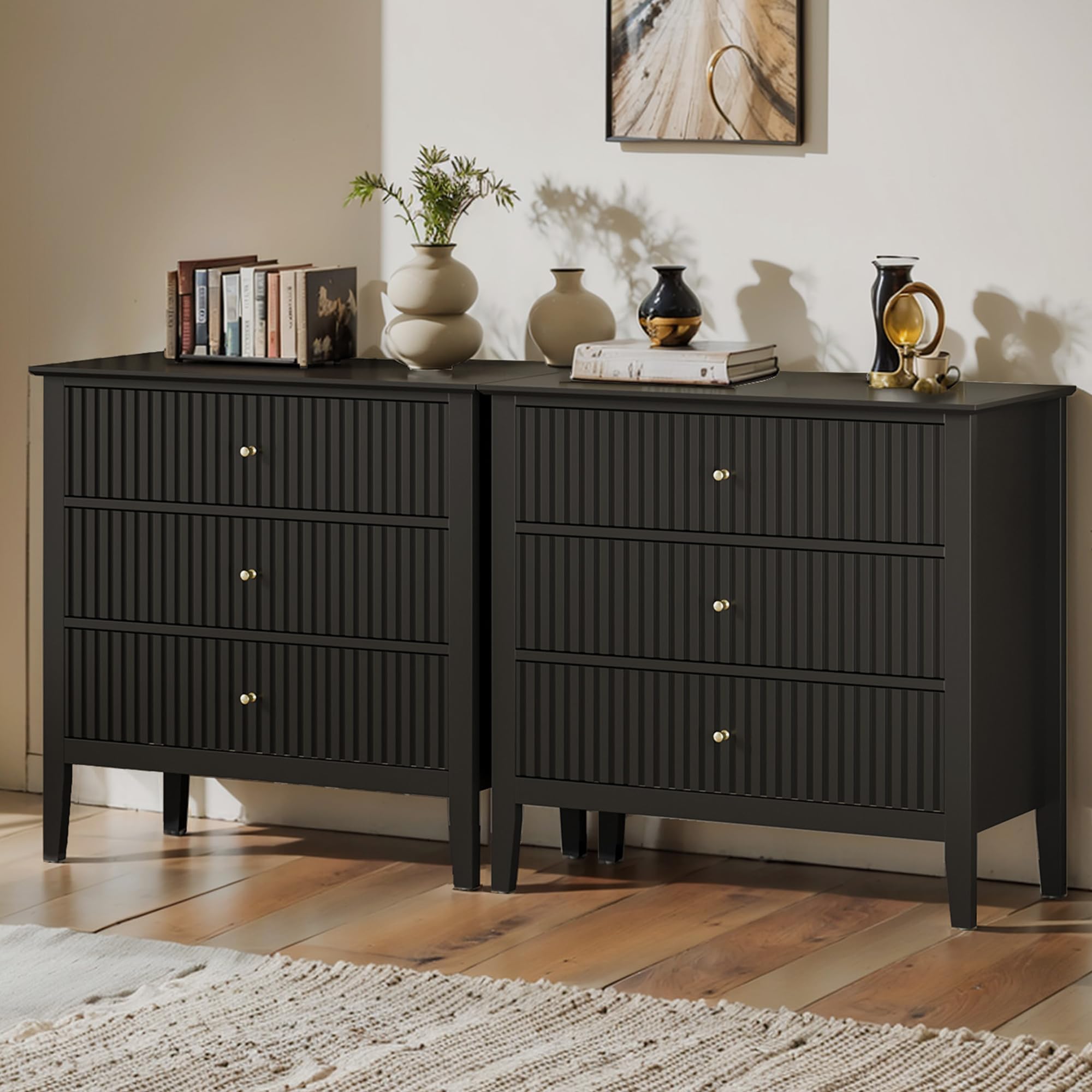 May in Color Large Black Fluted 3 Drawer Dresser Set of 2, Chest of Drawers with Ball Bearing Slide Modern 30 inch Tall Wood Nig