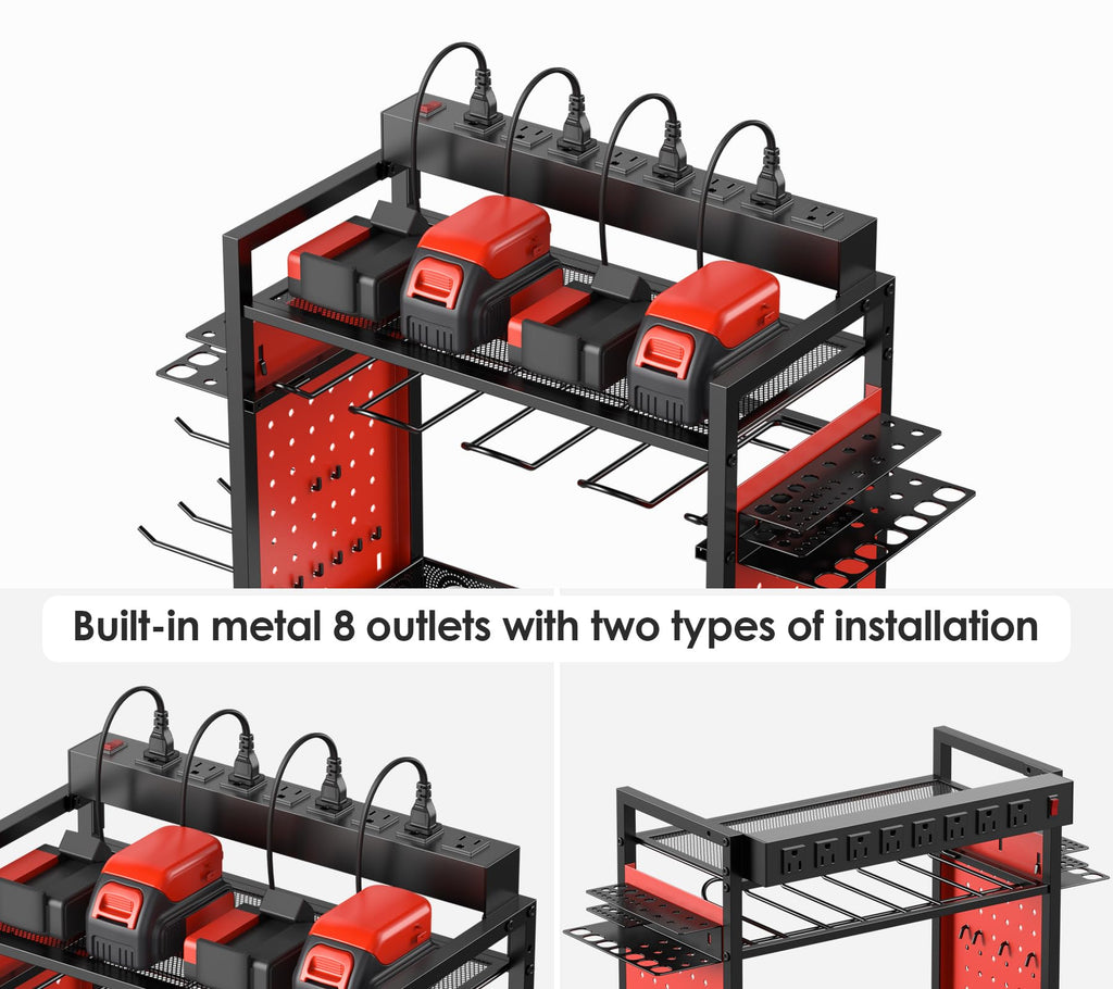 Cccei Power Tool Organizer Cart With Charging Station, Garage Floor Rolling Storage Cart On Wheels For Mechanic, Mobile 6 Drill, Tool Box Utility Cart With Battery Charging Power Strip, Red.