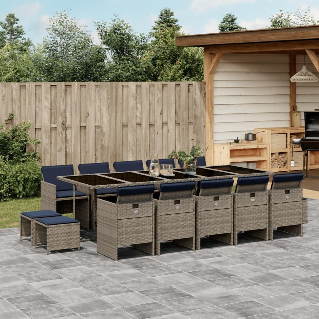 vidaXL - 15-Piece Patio Dining Set with Cushions - Gray Poly Rattan Garden Furniture, Tempered Glass Tabletop, Foldable Chairs and Stools - Outdoor, Backyard, Garden, Deck, Lounge Area