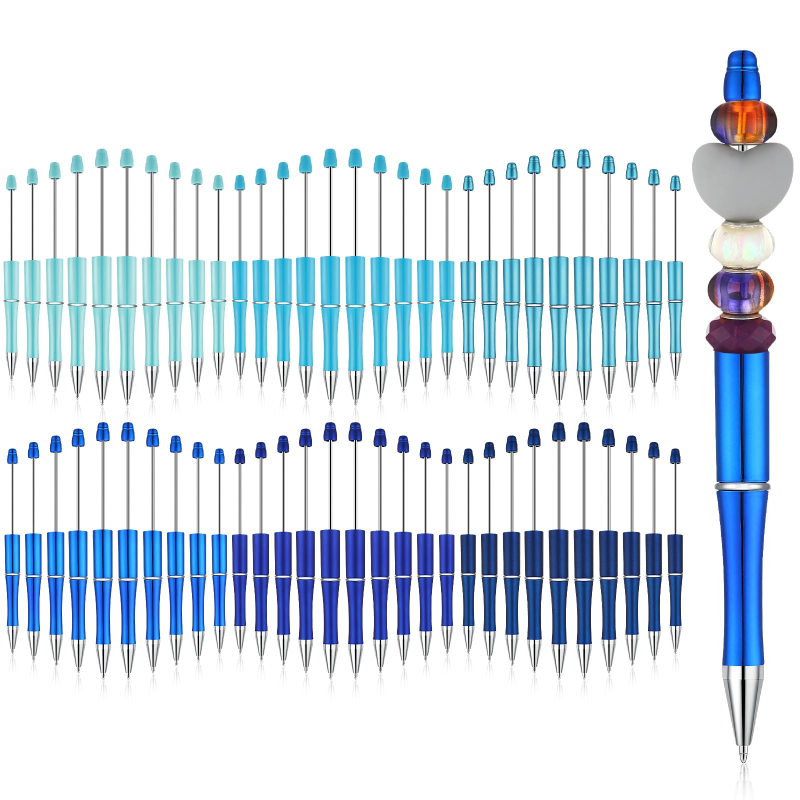 Kosiz 60 Pieces Plastic Beadable Pen Beaded Black Ink Ballpoint Pens For Kids Students Presents Office School Supplies(Blue Seri