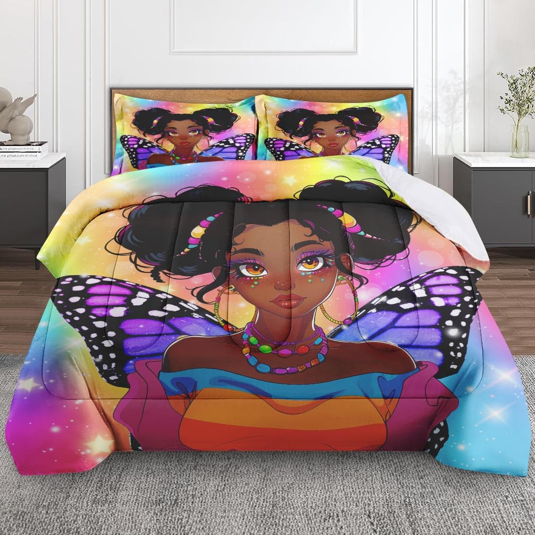 Nesphy Butterfly Black Girl Queen Comforter Set, Rainbow Bedding Set 3 Piece, All Season Soft Toddlers Children Adults Bedroom B