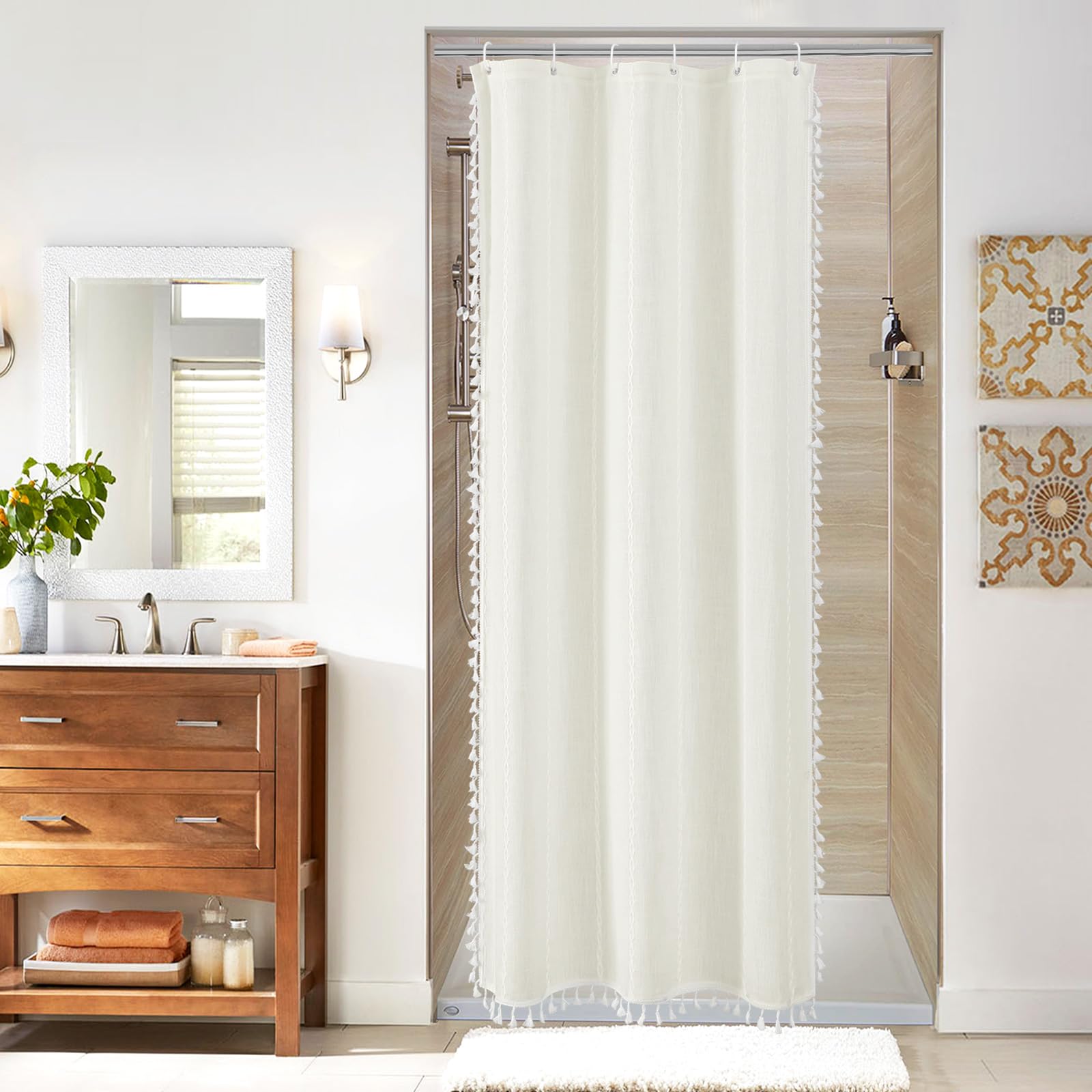 MitoVilla Boho Small Stall Fabric Shower Curtain 36 x 72, Ivory Half Size Narrow Polyester Linen Tassel Cloth Shower Curtains fo