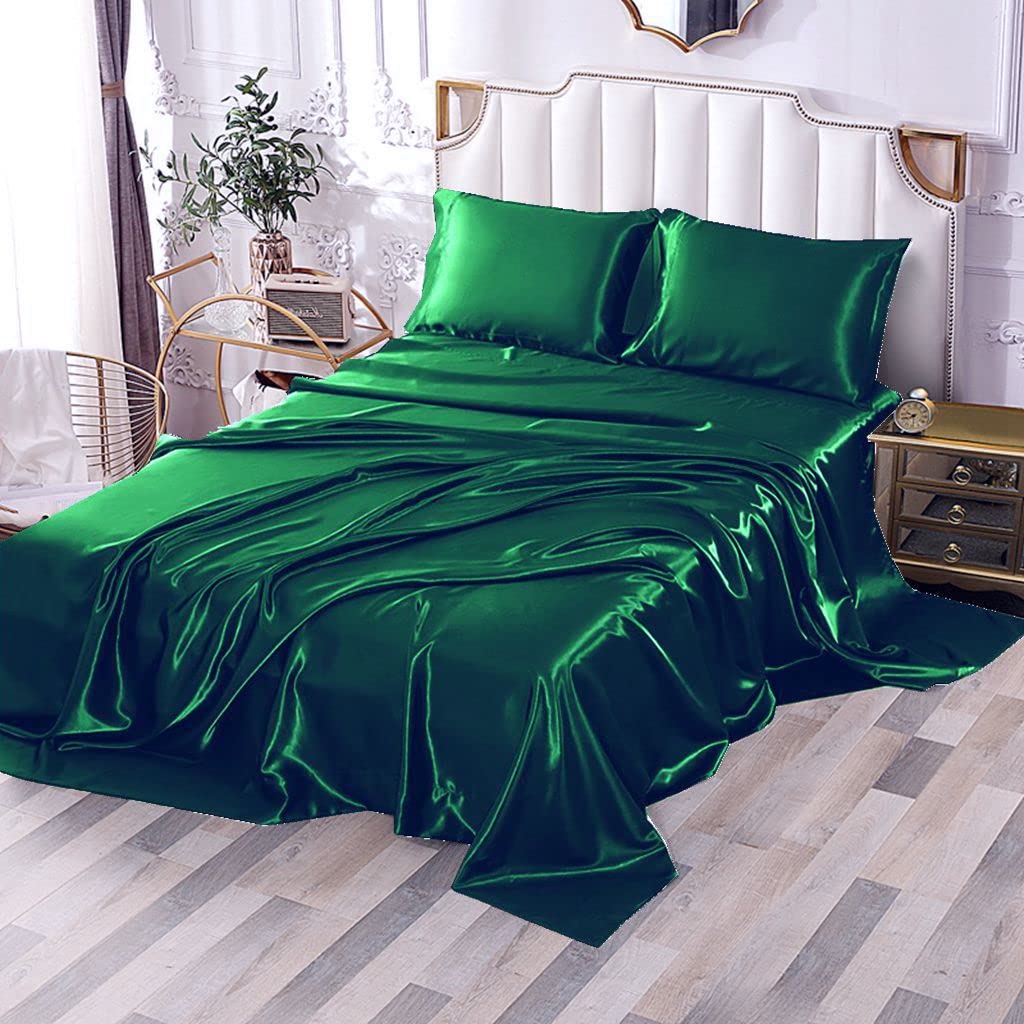 Sfoothome Satin Full Bed Sheet Sets 4Pieces Dark Green Silky Smooth Satin 14' Deep Pocket Fitted Sheet, Flat Sheet, 2 Pillow Ca
