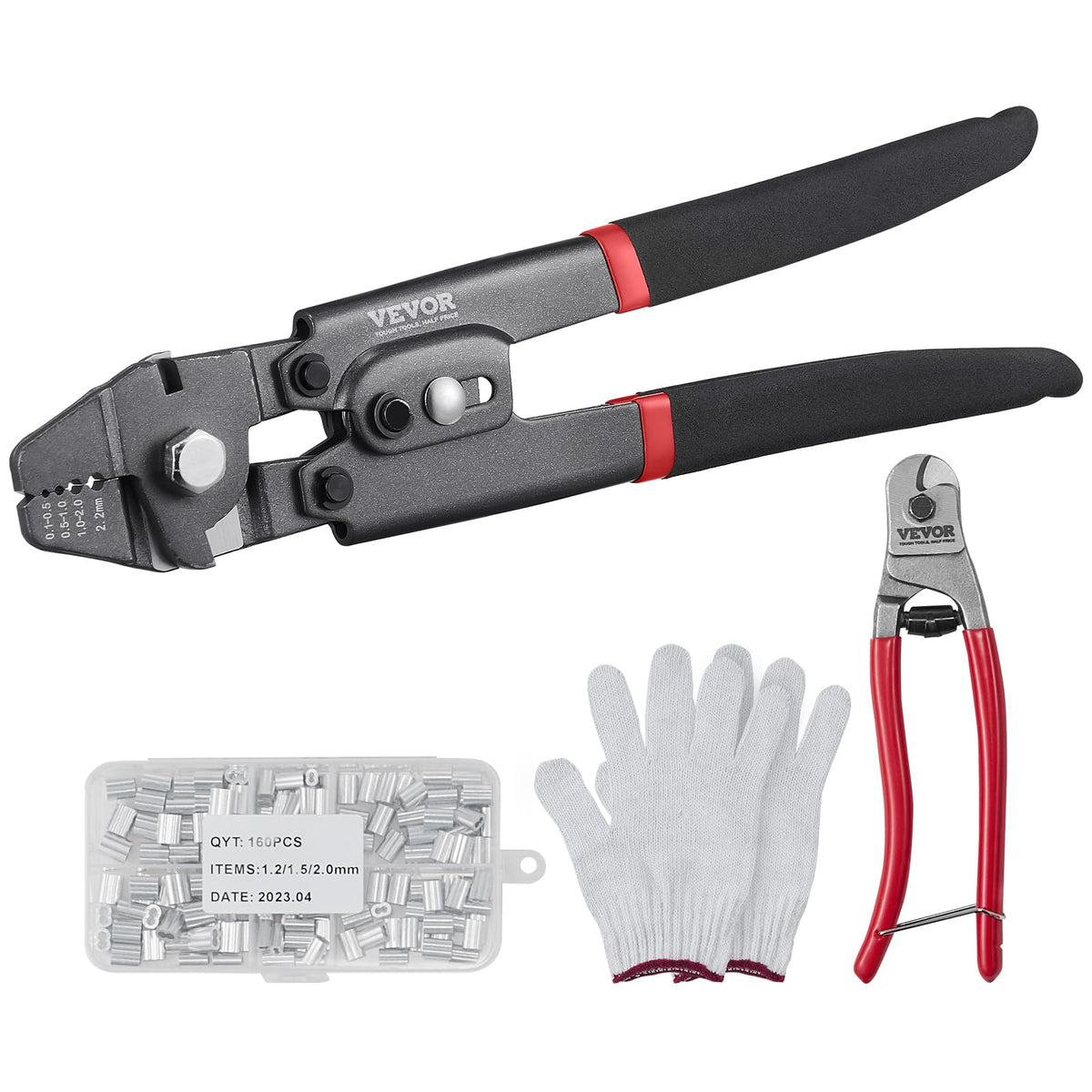VEVOR Crimping Tool, Up To 2.2mm Wire Rope Crimping Tool, 1/64'' - 3/32'' Crimping Loop Sleeve Kit with a Cable Cutter and 160pc