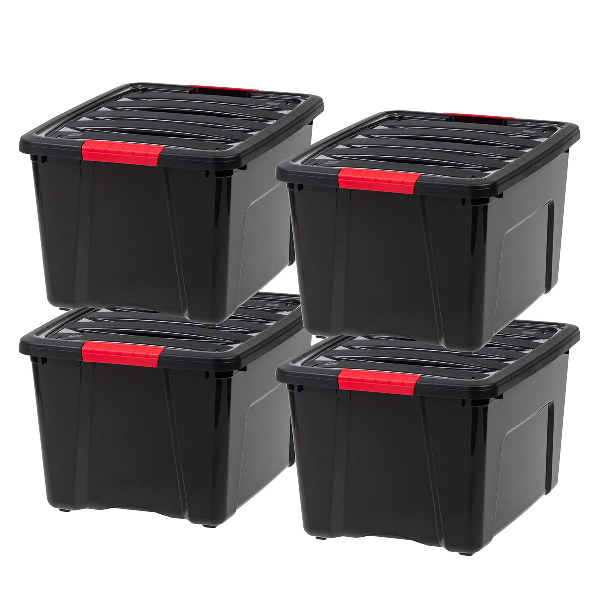 IRIS USA 40 Qt Stackable Plastic Storage Bins with Lids, 4 Pack - BPA-Free, Made in USA - Garage Organizing Solution, Latches, D